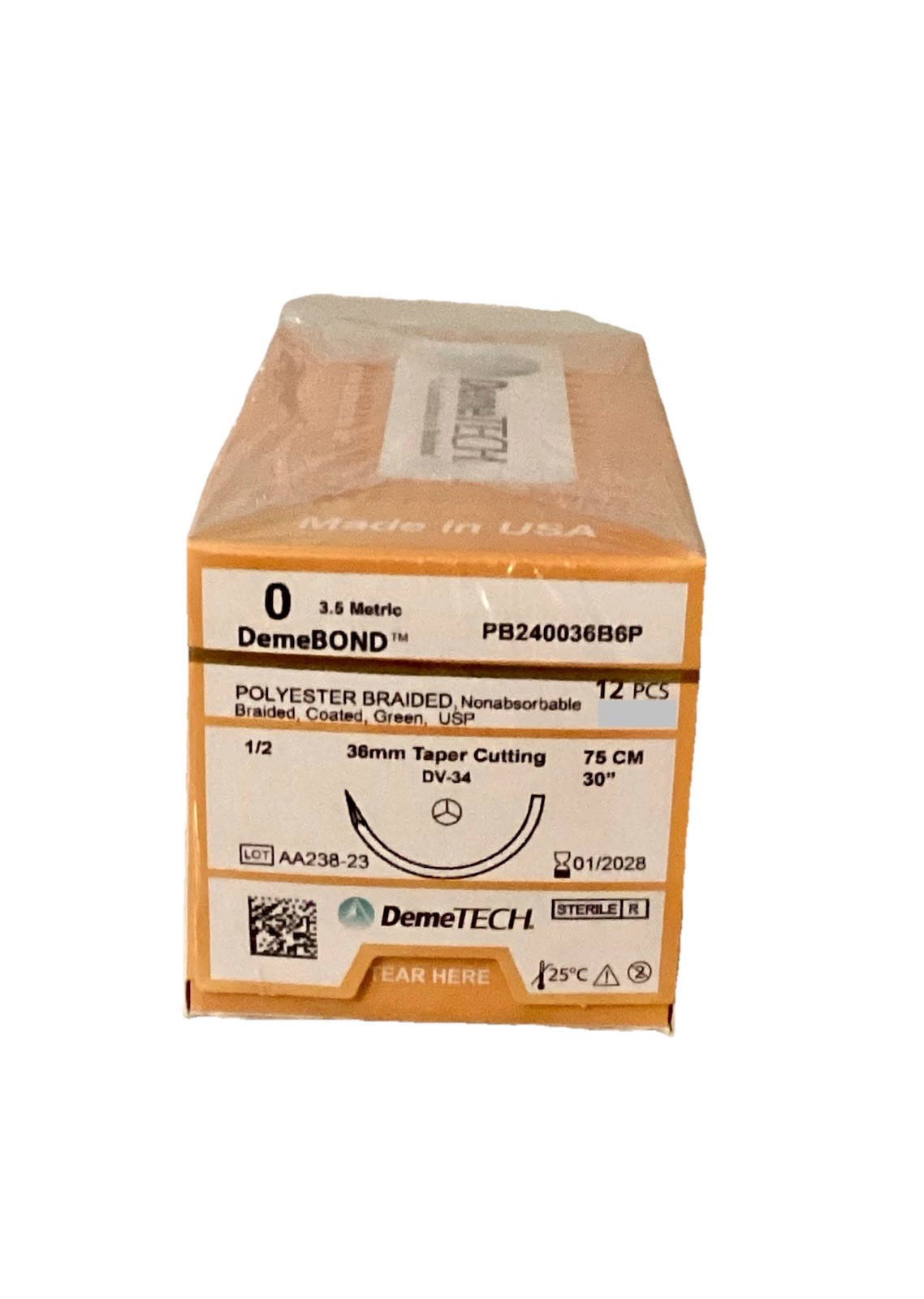 DemeBOND 0 USP Polyester Sutures 30” DV-34 36mm 1/2c EXP 2028 NEW SEALED
