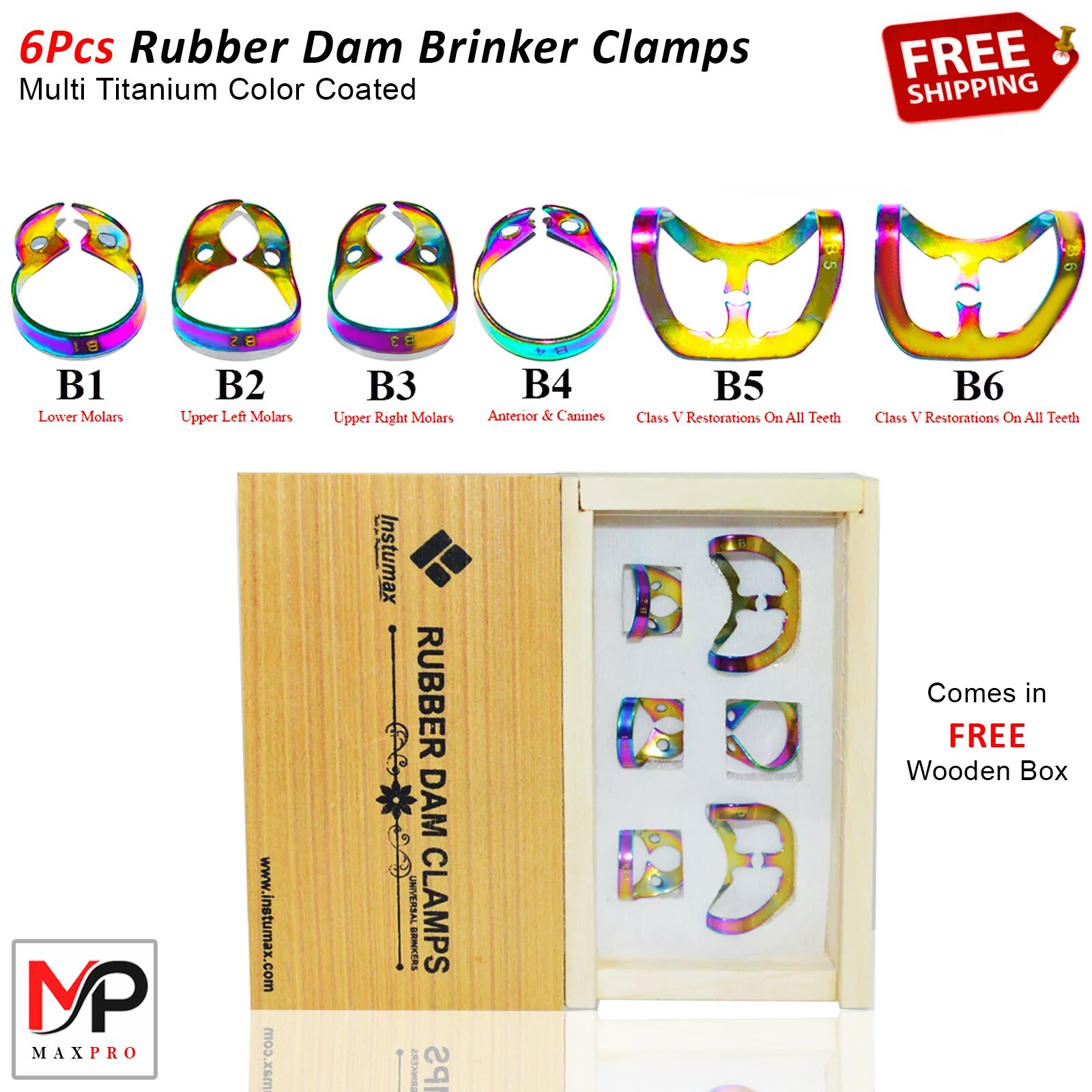 6 Piece Multi Color Dental Rubber Dam Brinker Clamps Multi Color Coated + Box