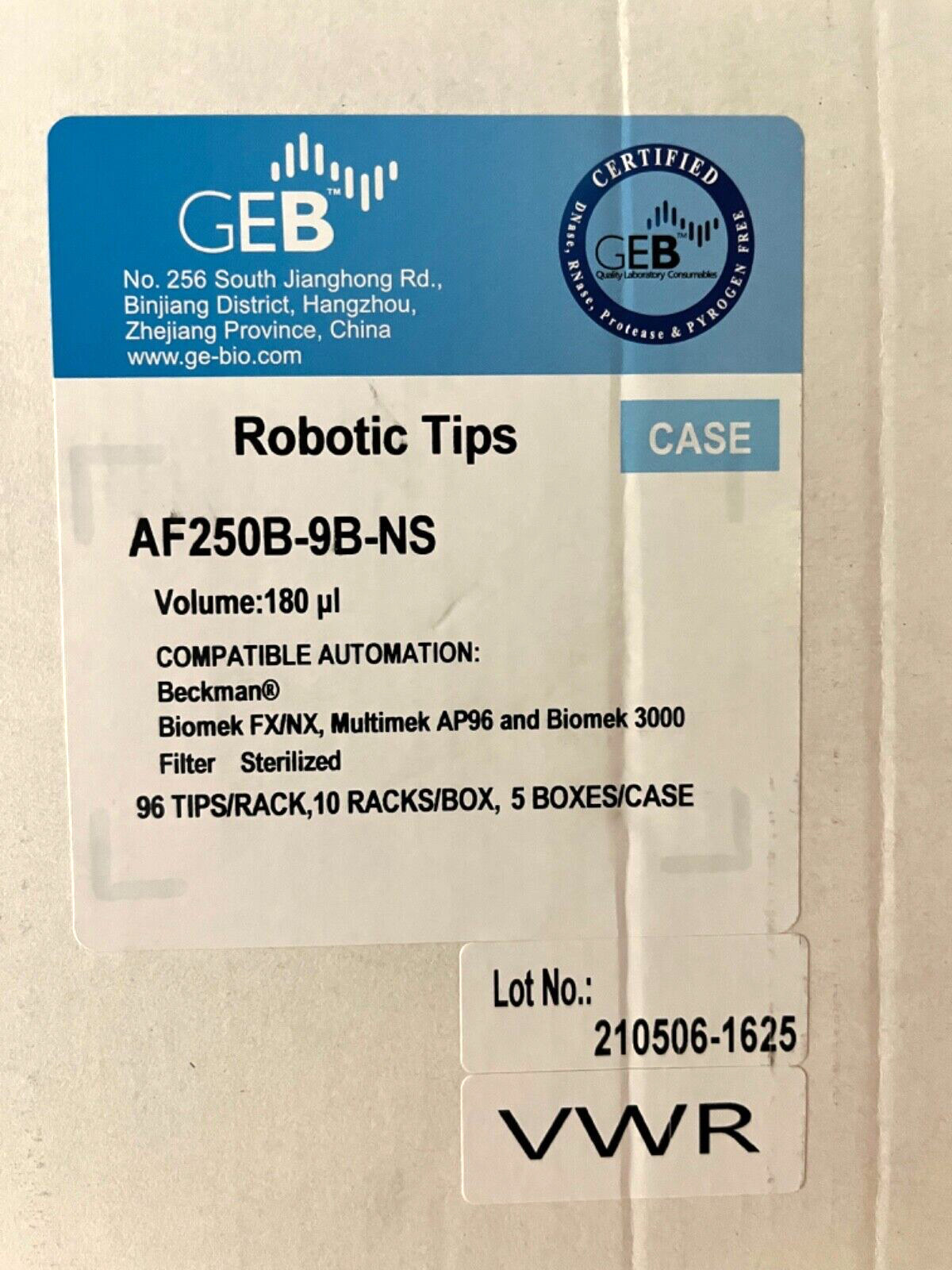 CASE of GEB AF250B-9B-NS 180uL Robotic Tips 96 tips/rack, 10, racks/box, 5 boxes