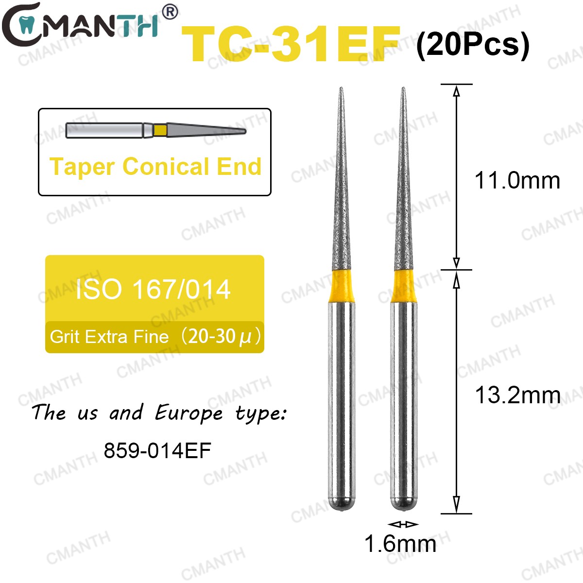 20PCS Dental Diamond Burs FG High Speed Bur Taper Conical Extra Fine 859-014EF