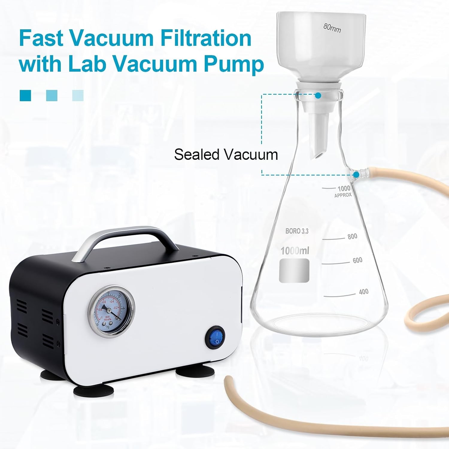 1000ML Buchner Funnel Filtering Kit Lab Vacuum Pump 18 L/Min Filter Flask Set
