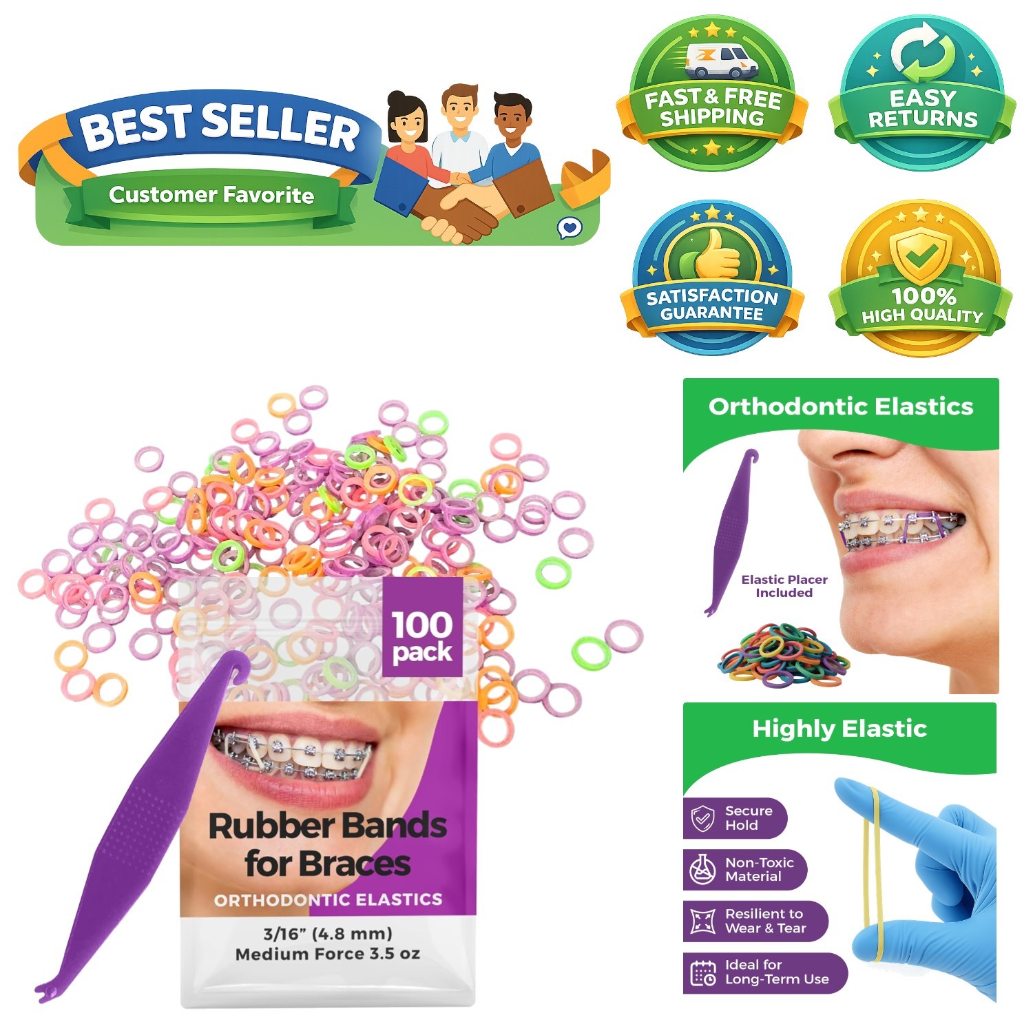 Comfortable Fit 3/16 Inch Neon Rubber Bands for Braces & Hair – Includes Placer