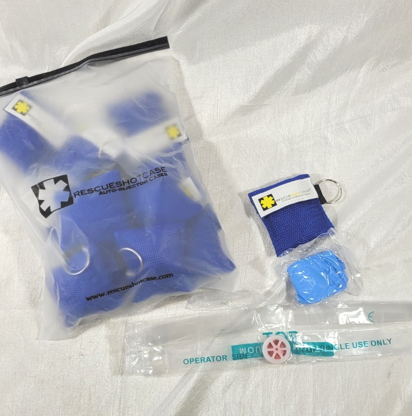 LOT: 12 Rescue Shot Case CPR Backpack Keychains – Gloves & Face Shield – Blue