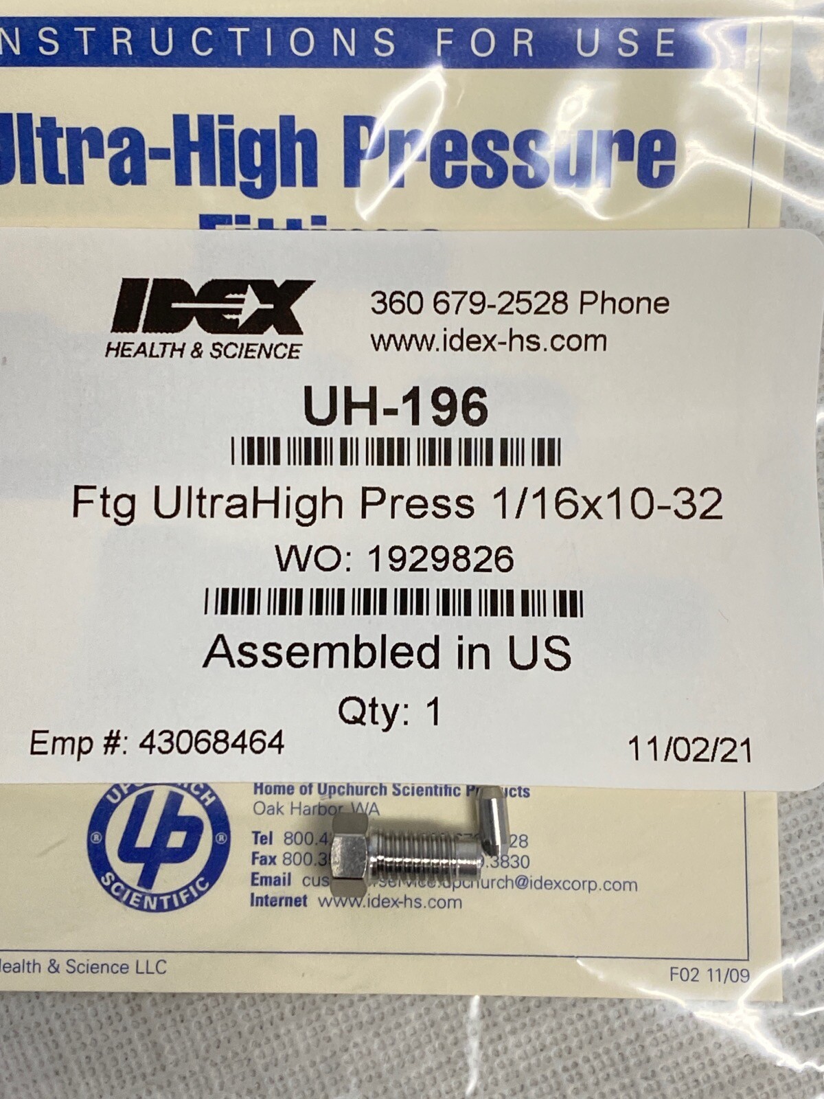 IDEX VHP UHPLC SS Fitting Male Nut Ferrule 10-32 Coned 1/16” OD UH-196
