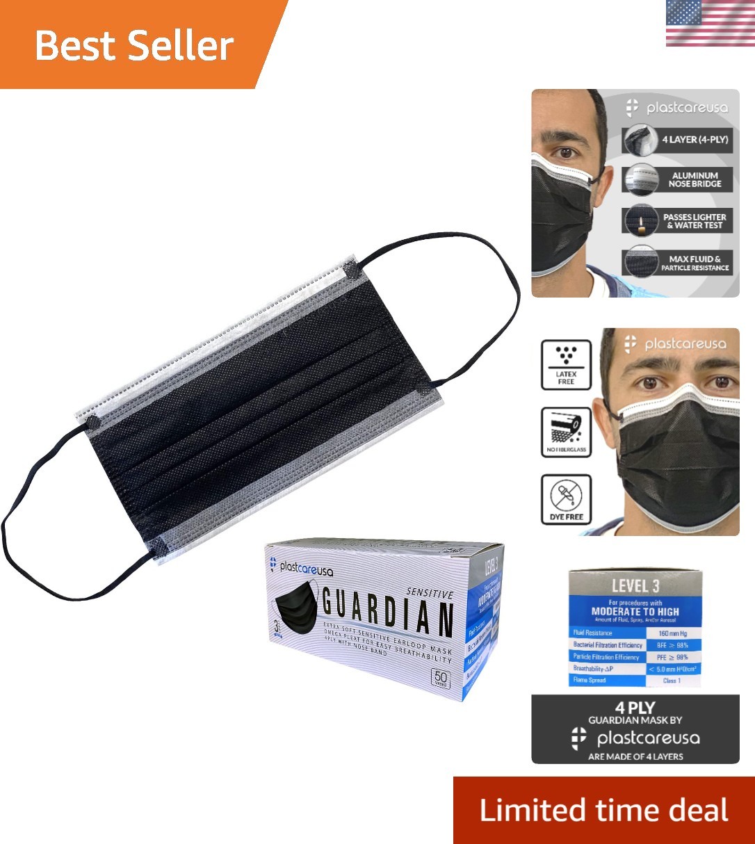 Comfortable Black Face Masks – ASTM Level 3, 4-Ply, Adjustable Fit, 50 Pack
