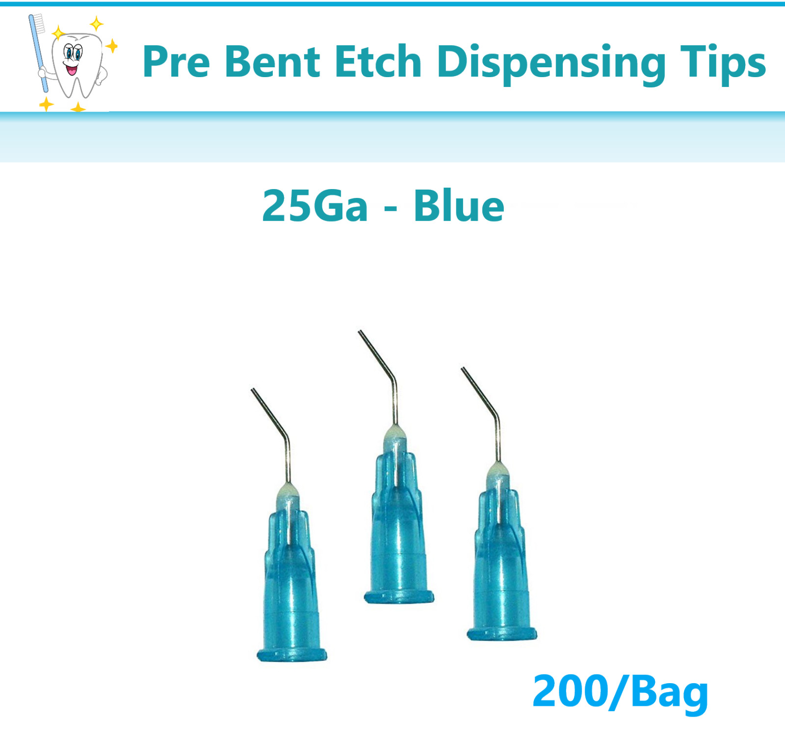 200 Blue 25 Gauge Etch Dental Pre Bent Flow Dispensing Tips (2 Bags)