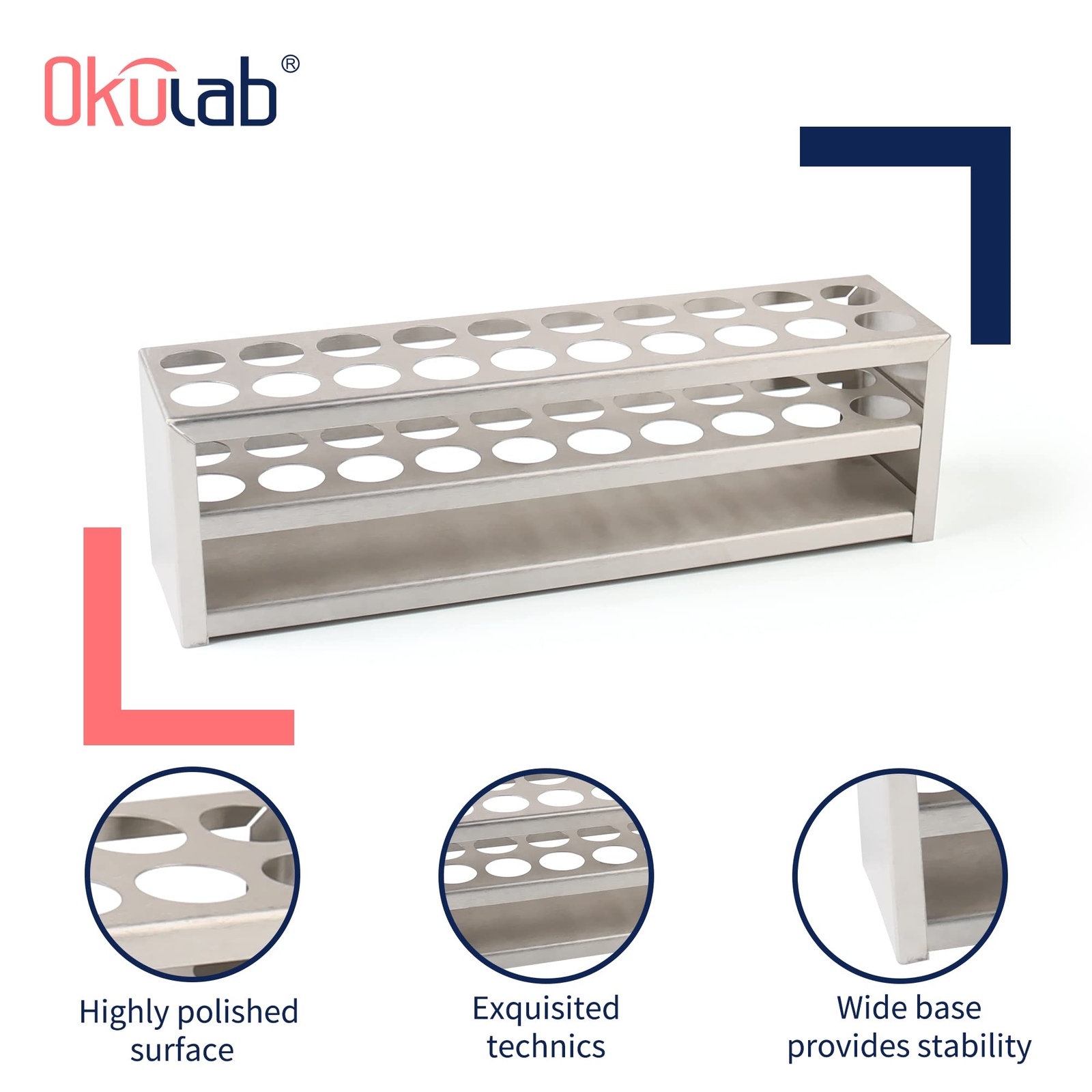 Test Tube Rack 20 Holes Stainless Steel Extended Handles Fits Tubes 21MM TTRS20