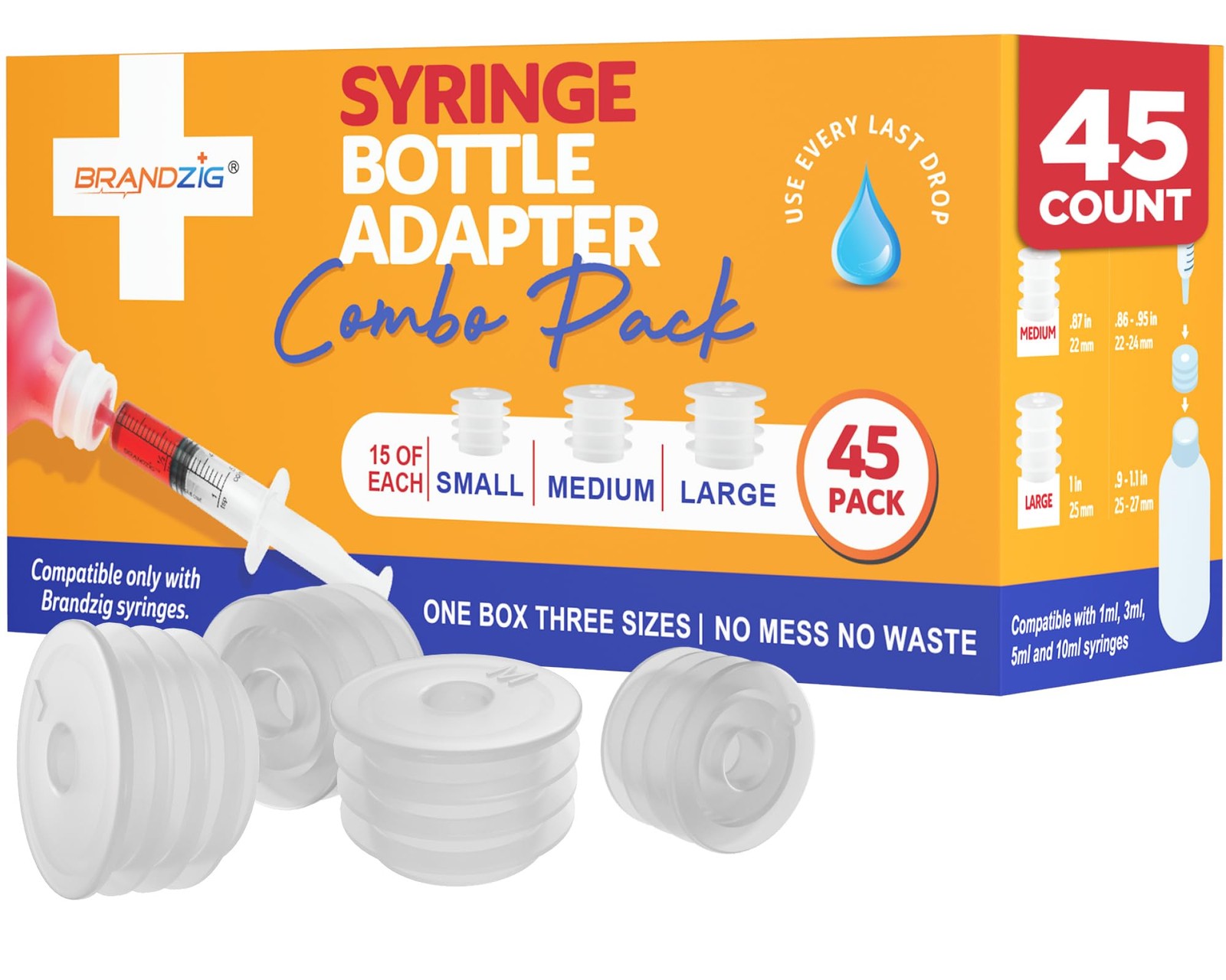 Medicine Bottle Syringe Adapter For Oral Dispensers 45 Pieces 3 Sizes clear