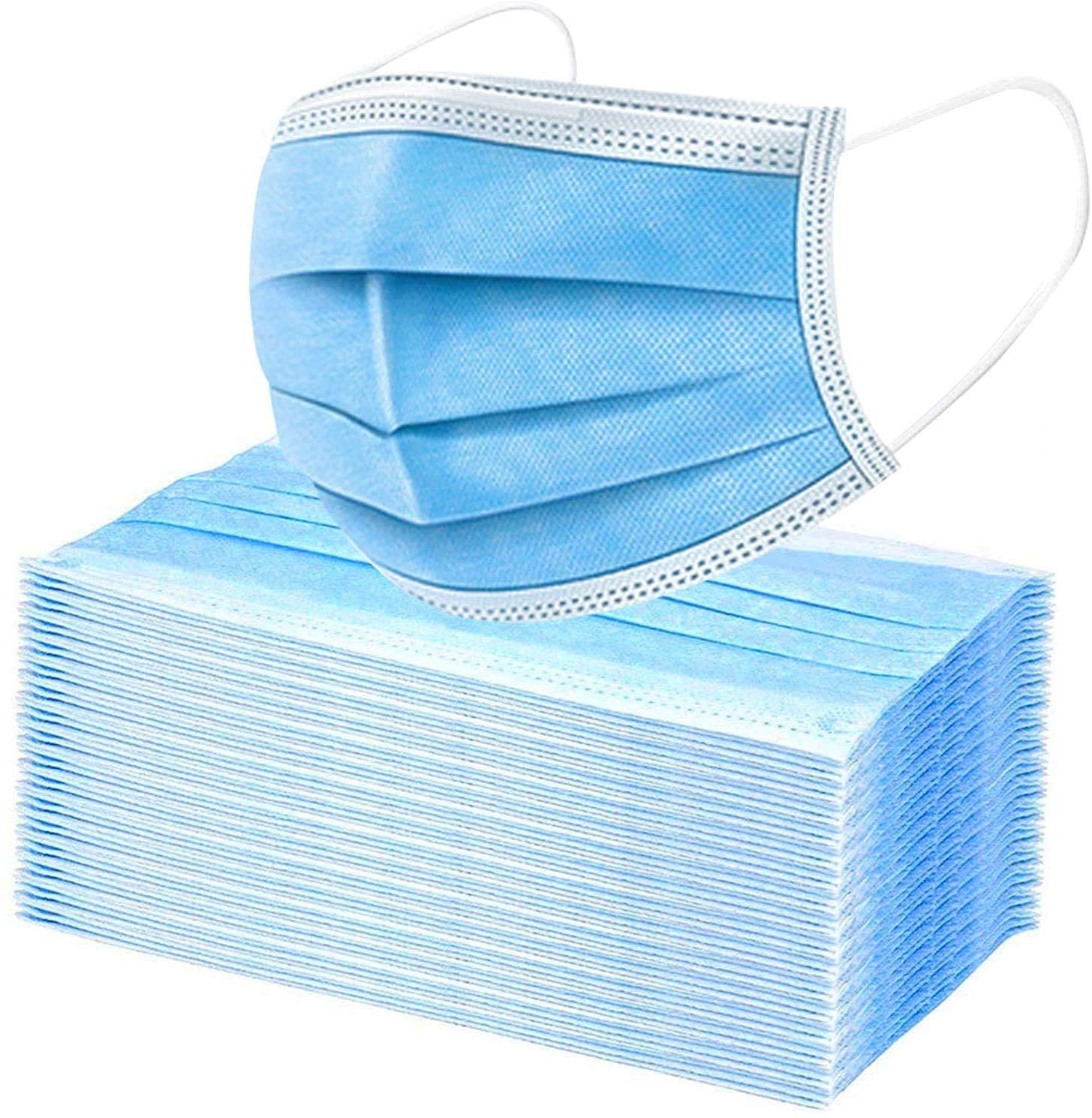 Blue Disposable Face Masks Adult 50pcs 3Layers Indoor Outdoor Home Office School