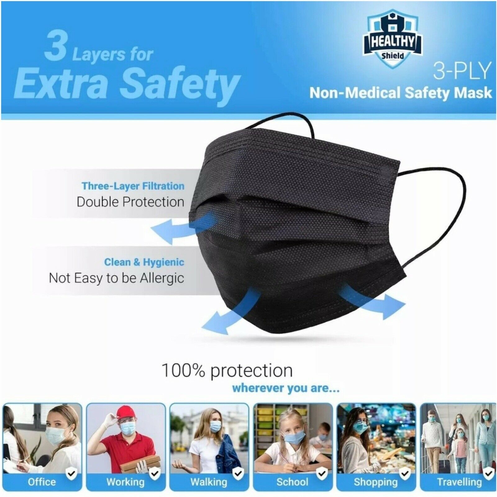 Healthy Shield 50pcs Disposable 3-Ply Safety Face Mask