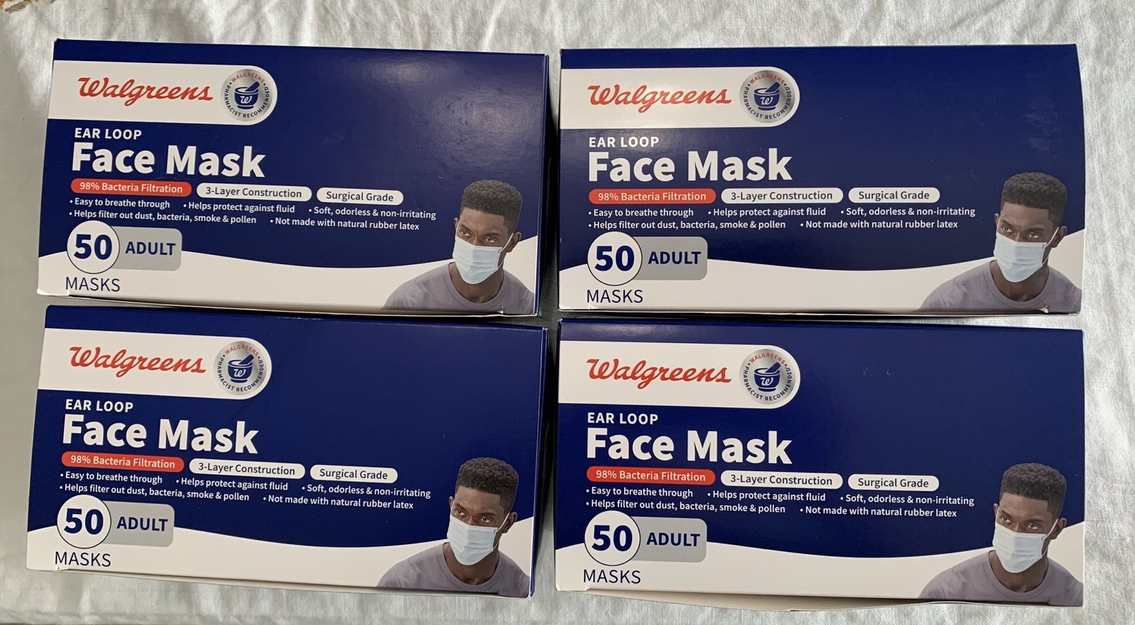 4 Pack Walgreens Ear Loop Face Mask Box 50 Count (200 Total) 3 Layer Adult Sz/