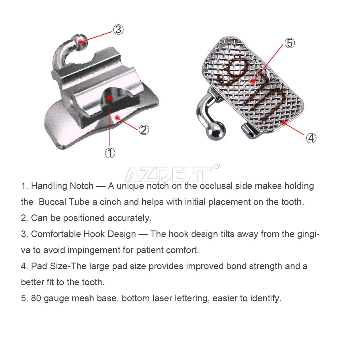 AZDENT Orthodontic Buccal Tubes 1st Molar Roth 022 Bondable Convertible Mesh