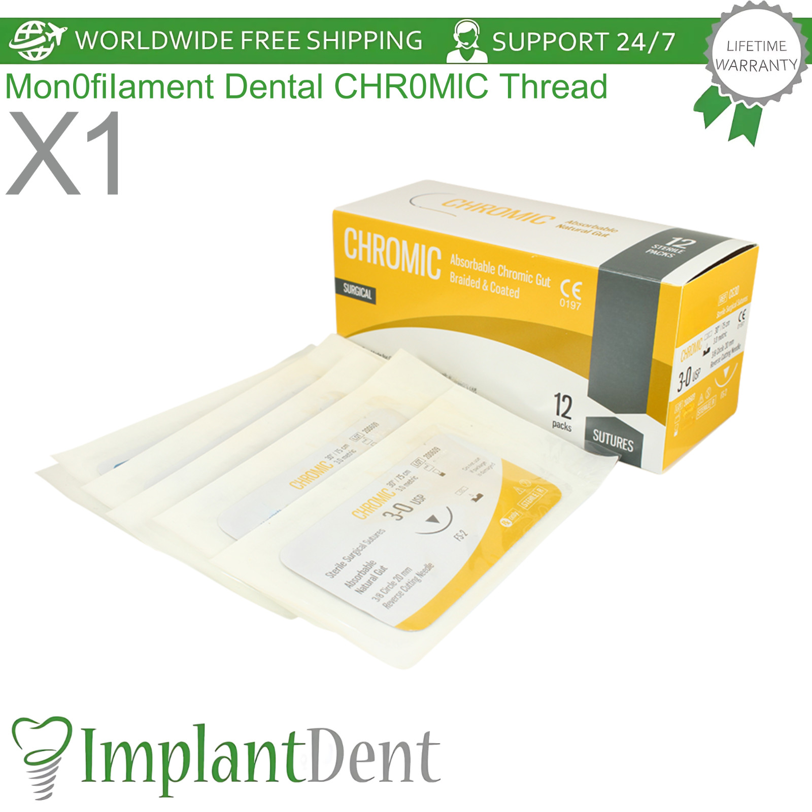 Mon0fiIament Dental CHR0MlC Thread Collagen 12pcs 3/8 Circle 20.0mm Reverse