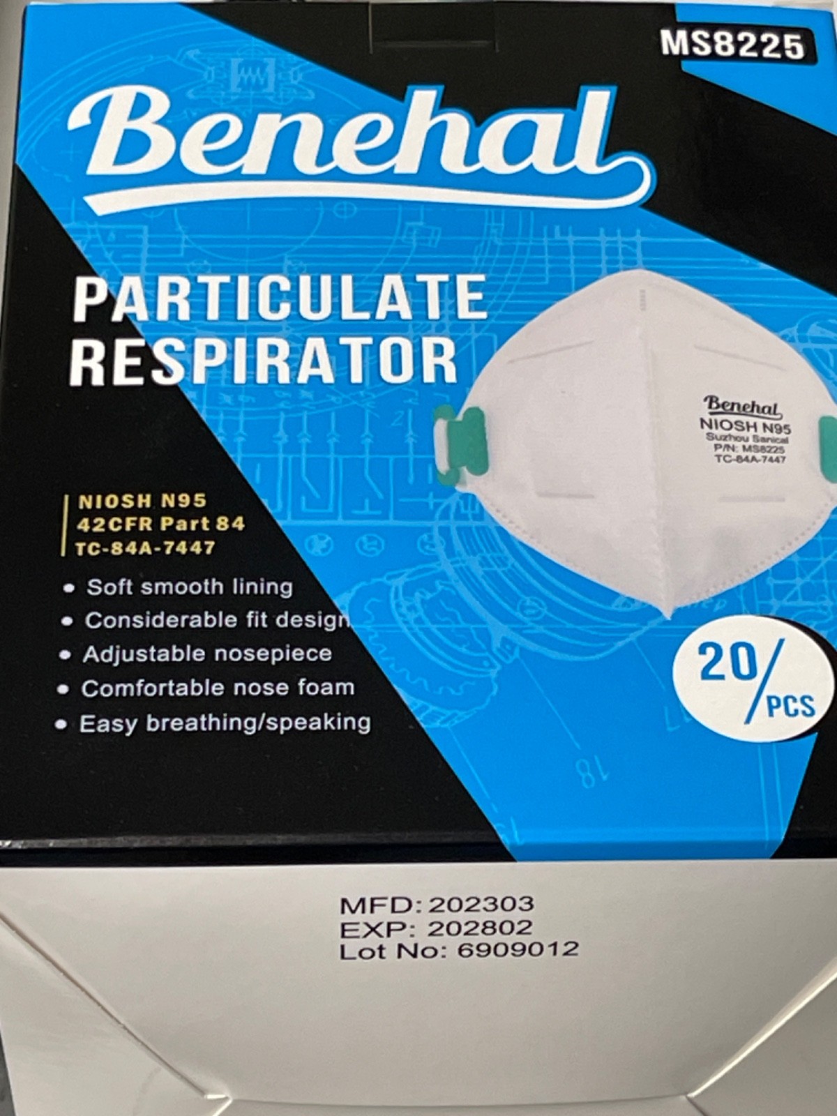 Benehal NIOSH N95 Particulate Respirator Masks, 20 pack (Open Box-Case Pack 400)