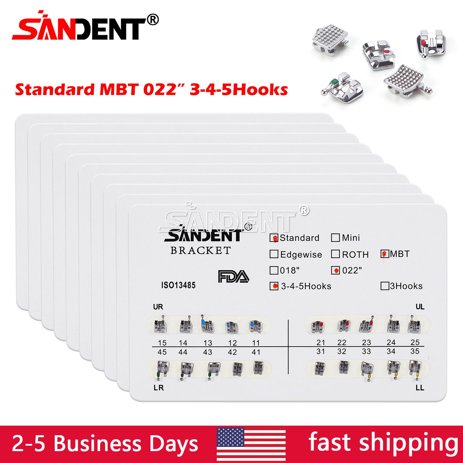 10 Packs Dental Orthodontics Brackets Braces Standard MBT 022″Slot 3 4 5 Hooks