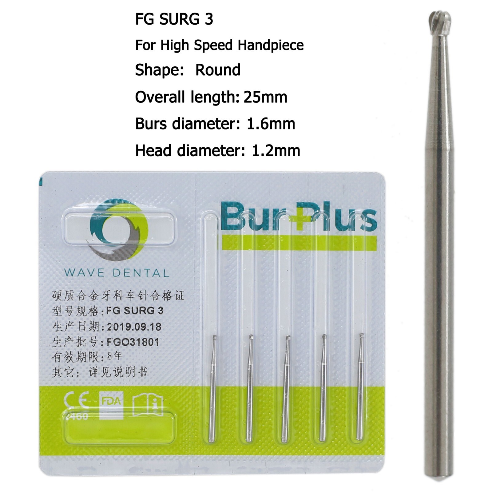 WAVE Dental Surgical Round Burs 2 4 6 8 FG SURG Long 25mm Carbide Bur High Speed