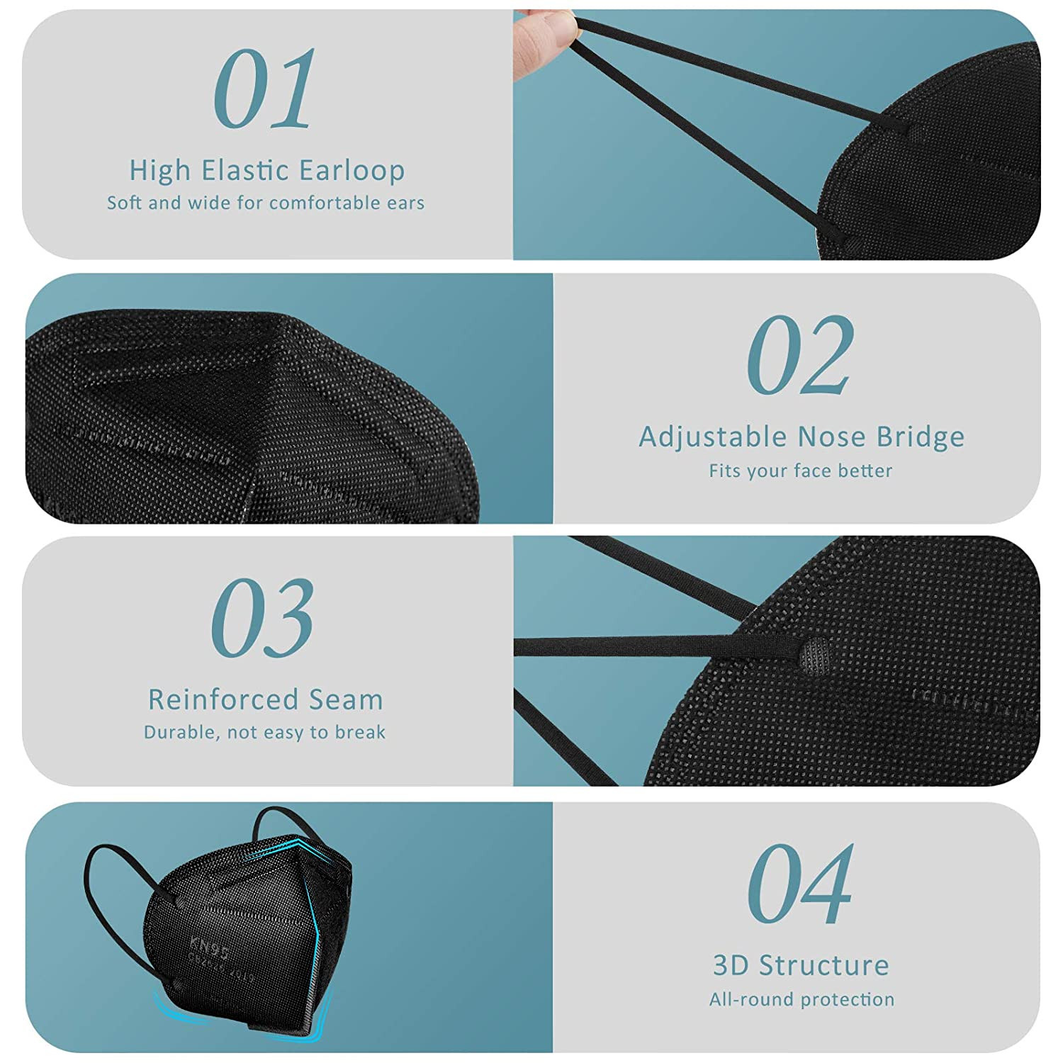 100 Black Color KN95 Protective 5 Layer Face Mask Disposable Respirator BFE 95%
