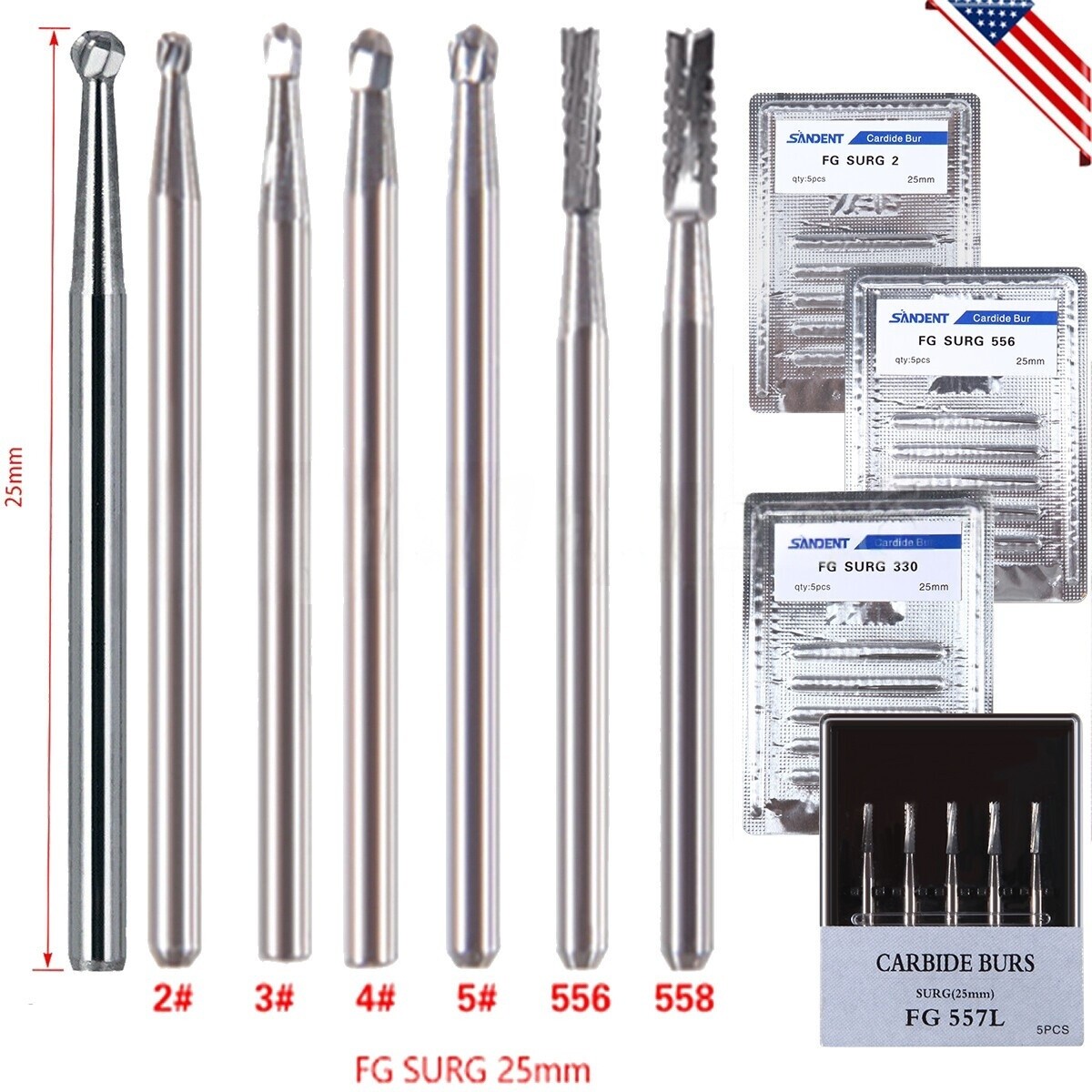 USA Dental Surgical Round Tungsten Carbide Burs FG for High Speed Handpiece