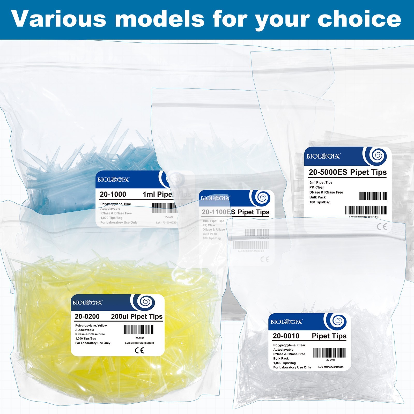 Biologix Pipette Tips -10μl -200μl-1000μl- Extended, Non-Sterile, Bulk Package