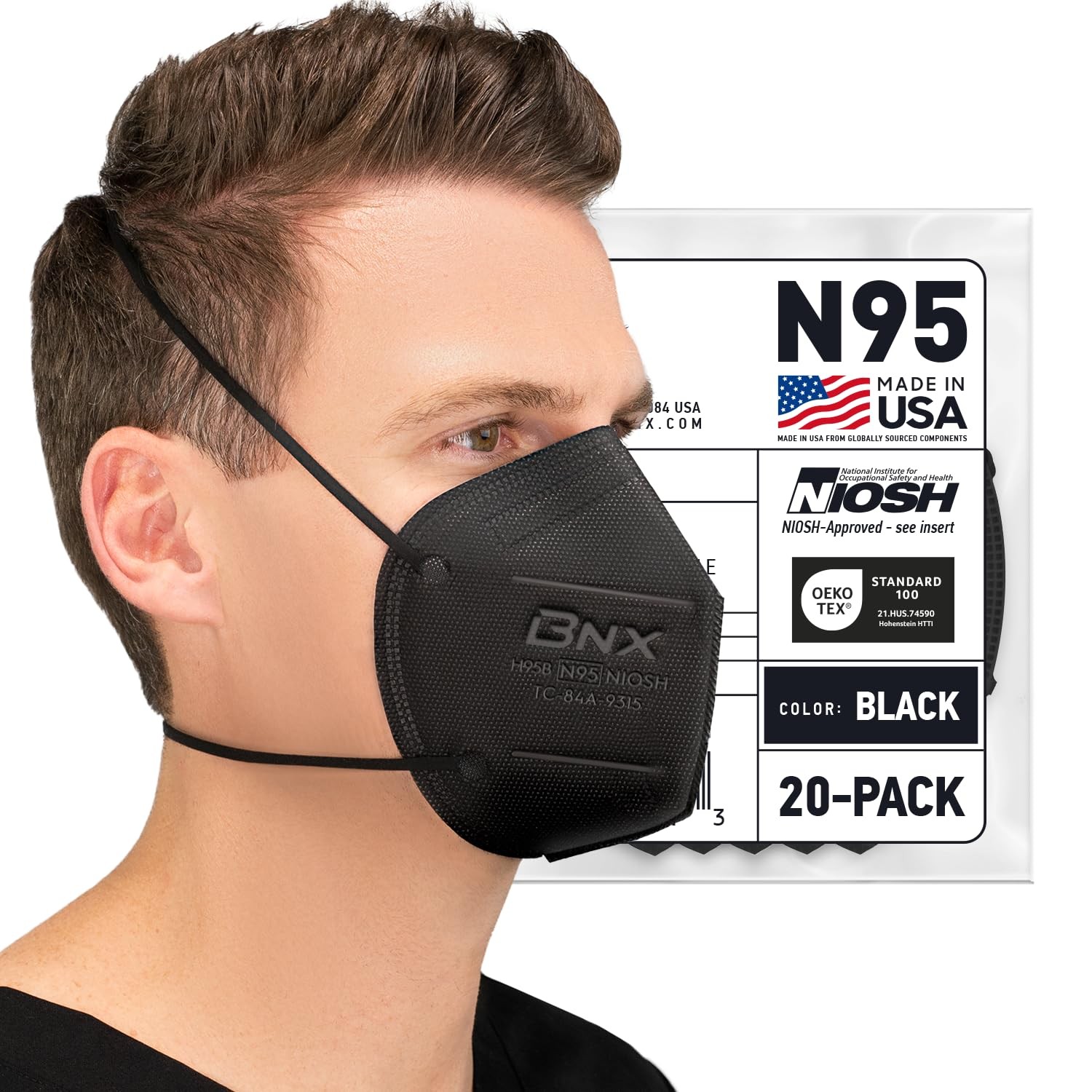 AccuMed BNX N95 Mask Black NIOSH 1 Count (Pack of 20), 20-pack