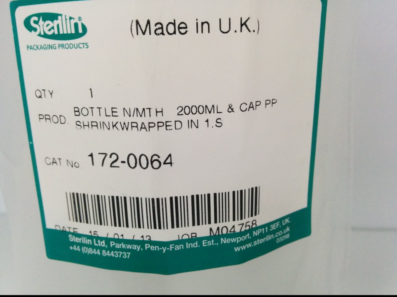 STERILIN 172-0064 2000ml BOTTLE AND CAP, FACTORY SEALED, NNB