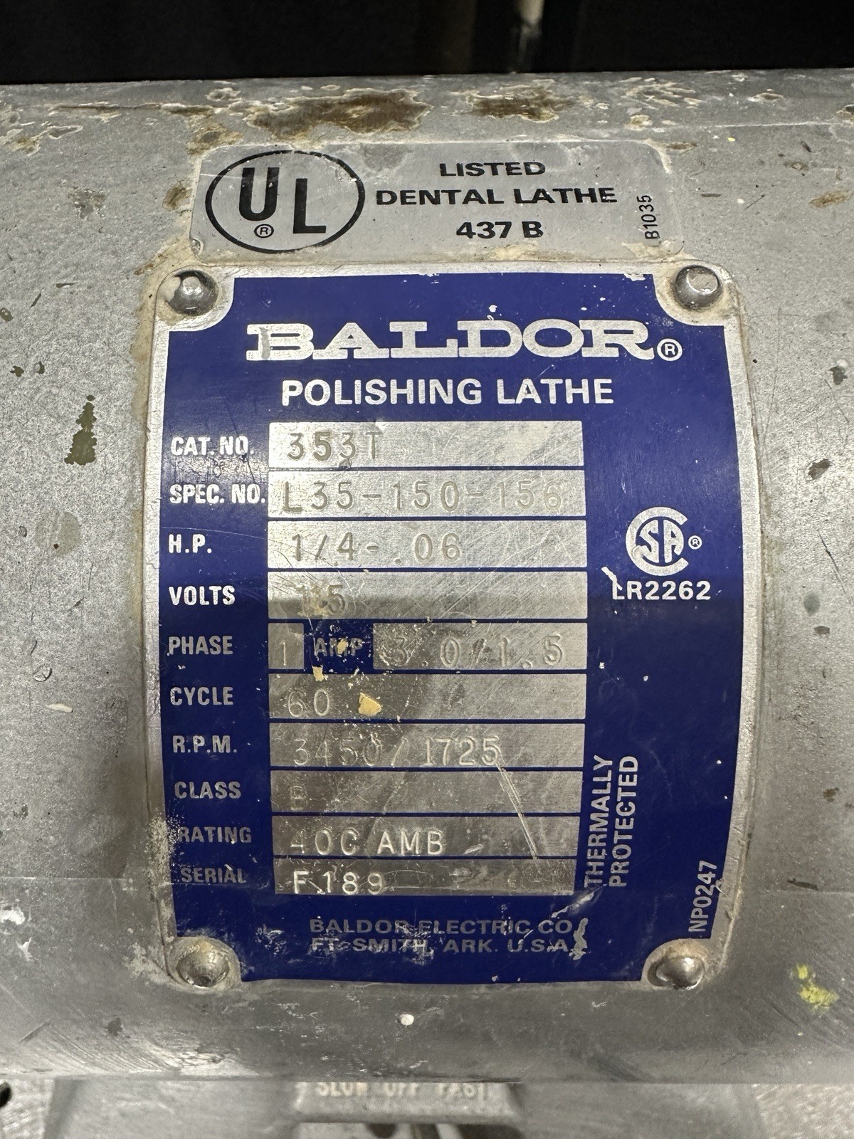 Baldor 353T Dental Polishing Lathe Dual Speed 1/4HP 115V w/ Foot Pedal