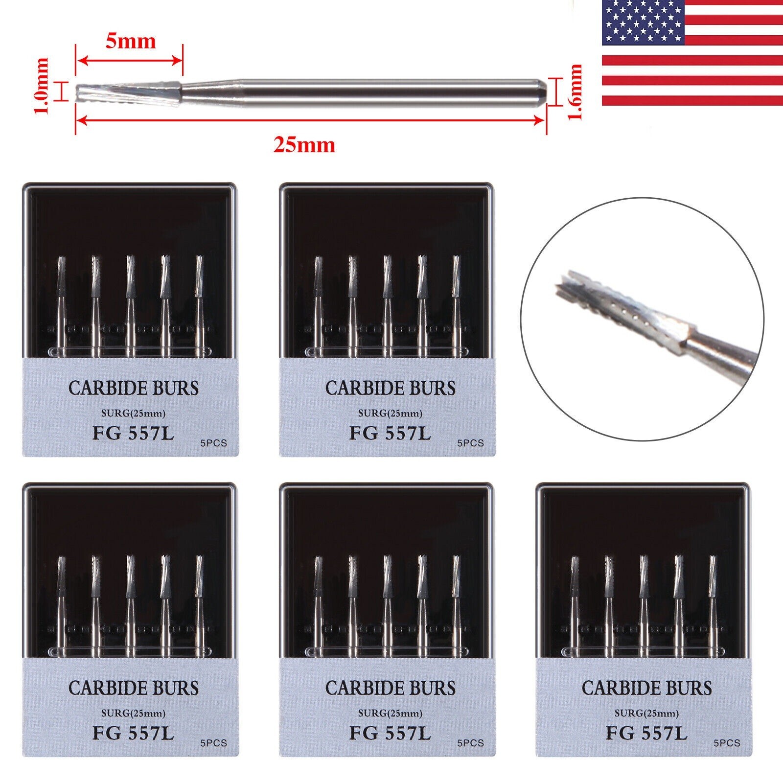 5 boxes Carbide Surgical Burs FG 557L SURG 25mm Bur for High Dental Handpiece US