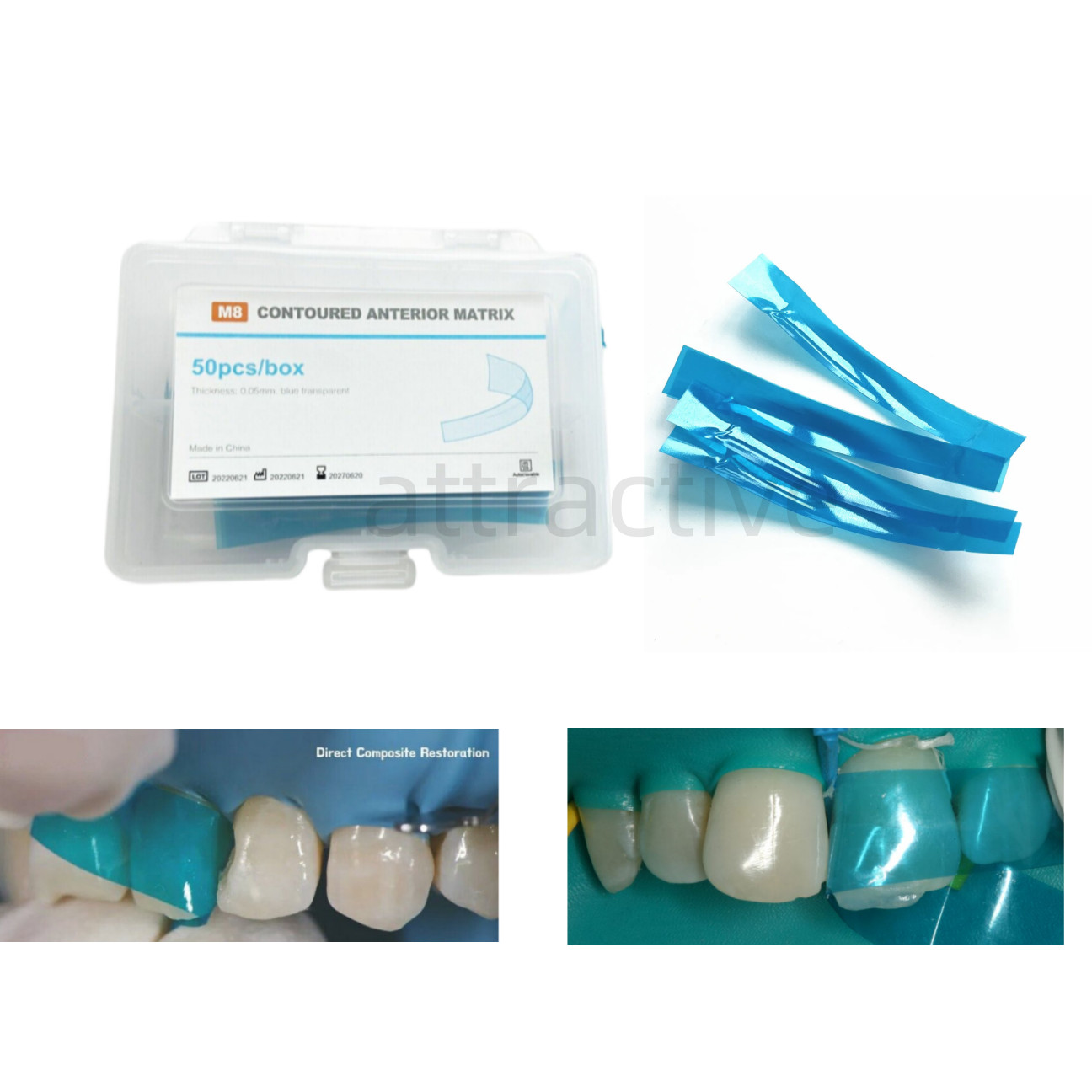 Dental Blue View Matrix Contoured Anterior Matrices Mylar Anatomical Strip 50Pcs