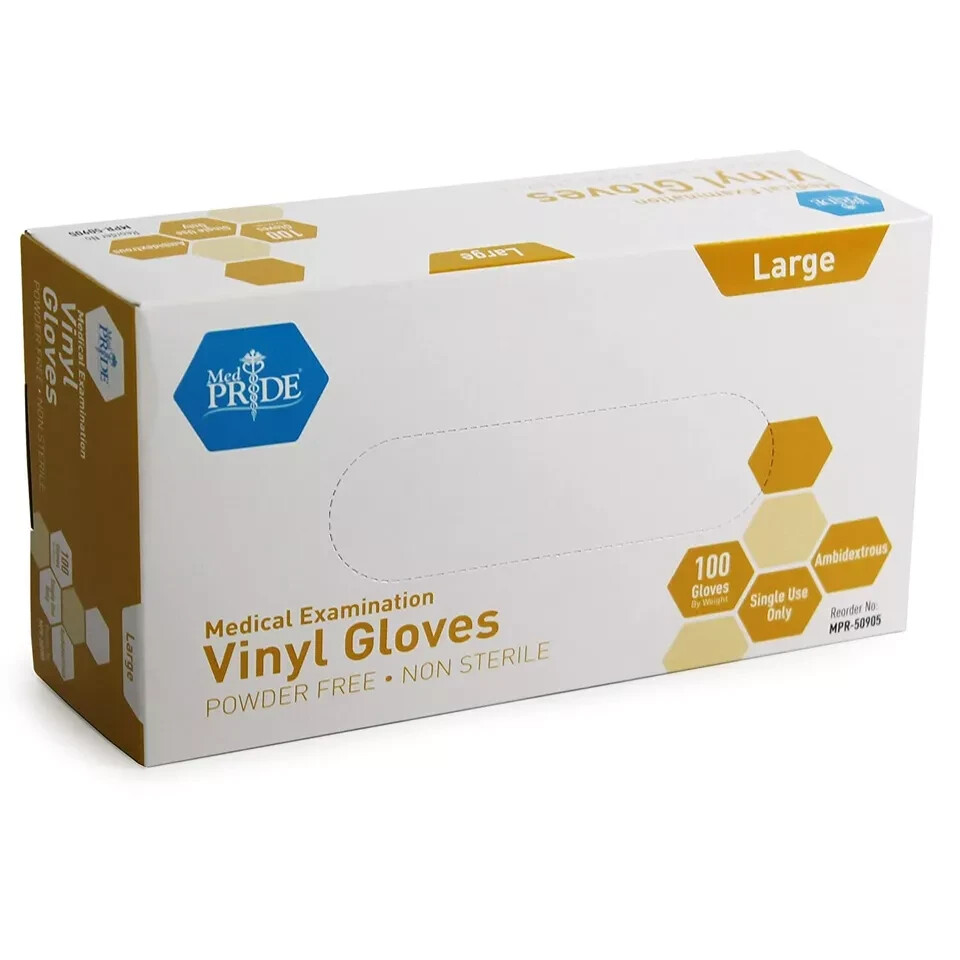 Medpride Medical Vinyl Examination Gloves, Latex Free Rubber, Size Large -100/Bx
