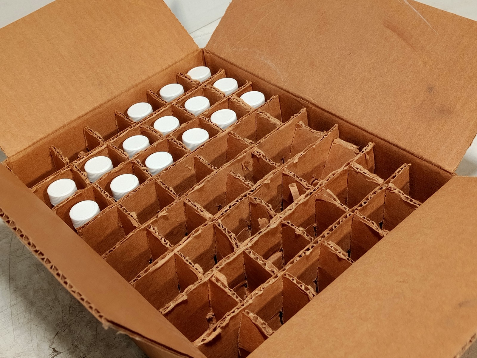 Lot of 15 Glass Bottles With White Screw Caps Clear Sample Vials as Shown