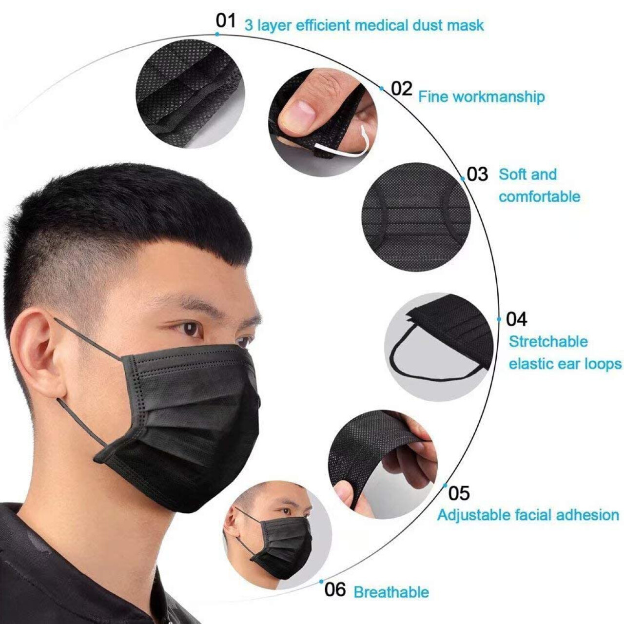 Face Mask Non Medical Surgical Disposable Protective 3 Ply Mouth Cover Black