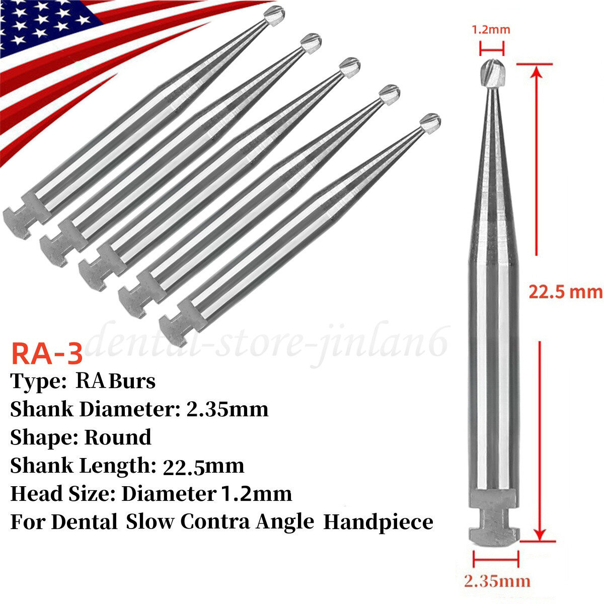 5 Pcs/Pack Dental 22.5mm Round Carbide Bur Slow Speed Latch Type RA3 Burs USA