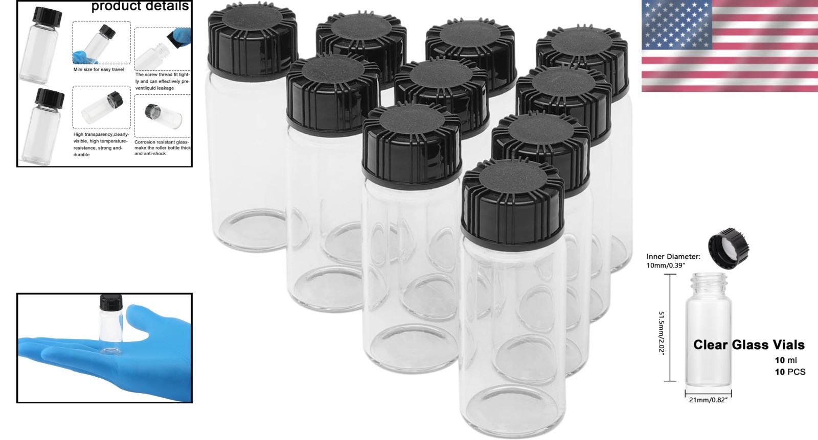 10 Pack Transparent 10ml Glass Vials with Airtight Screw Caps for Essential Oils