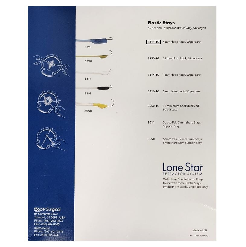 *50-Piece* CooperSurgical Lone Star Elastic Stays 5mm Sharp Hook Sterile 3311-1G