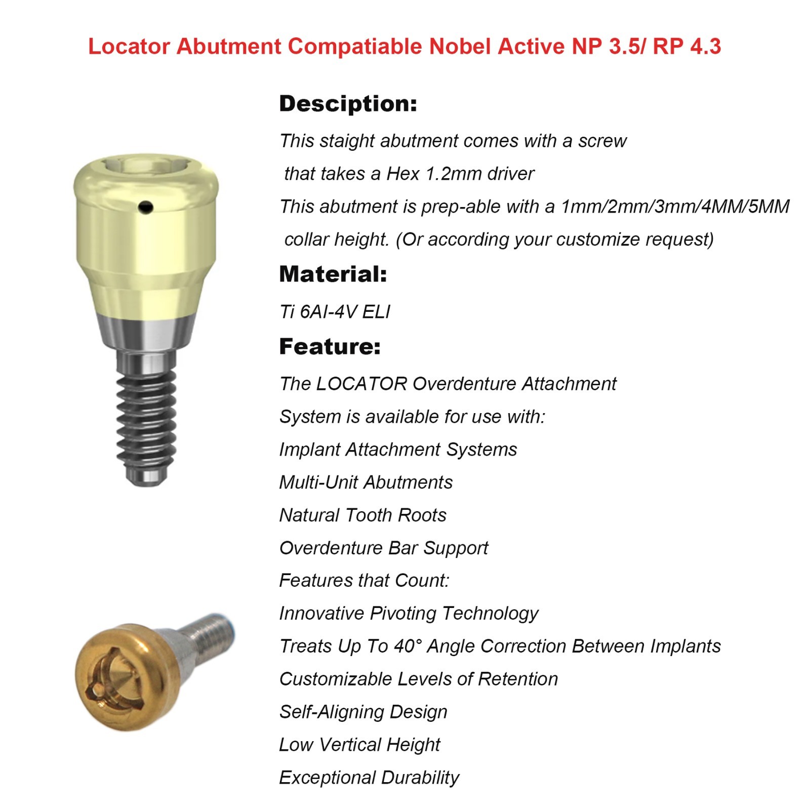 US Implant Nobel Active NP Ø3.5mm Locator Abutments PEEK Overdenture Male Cap