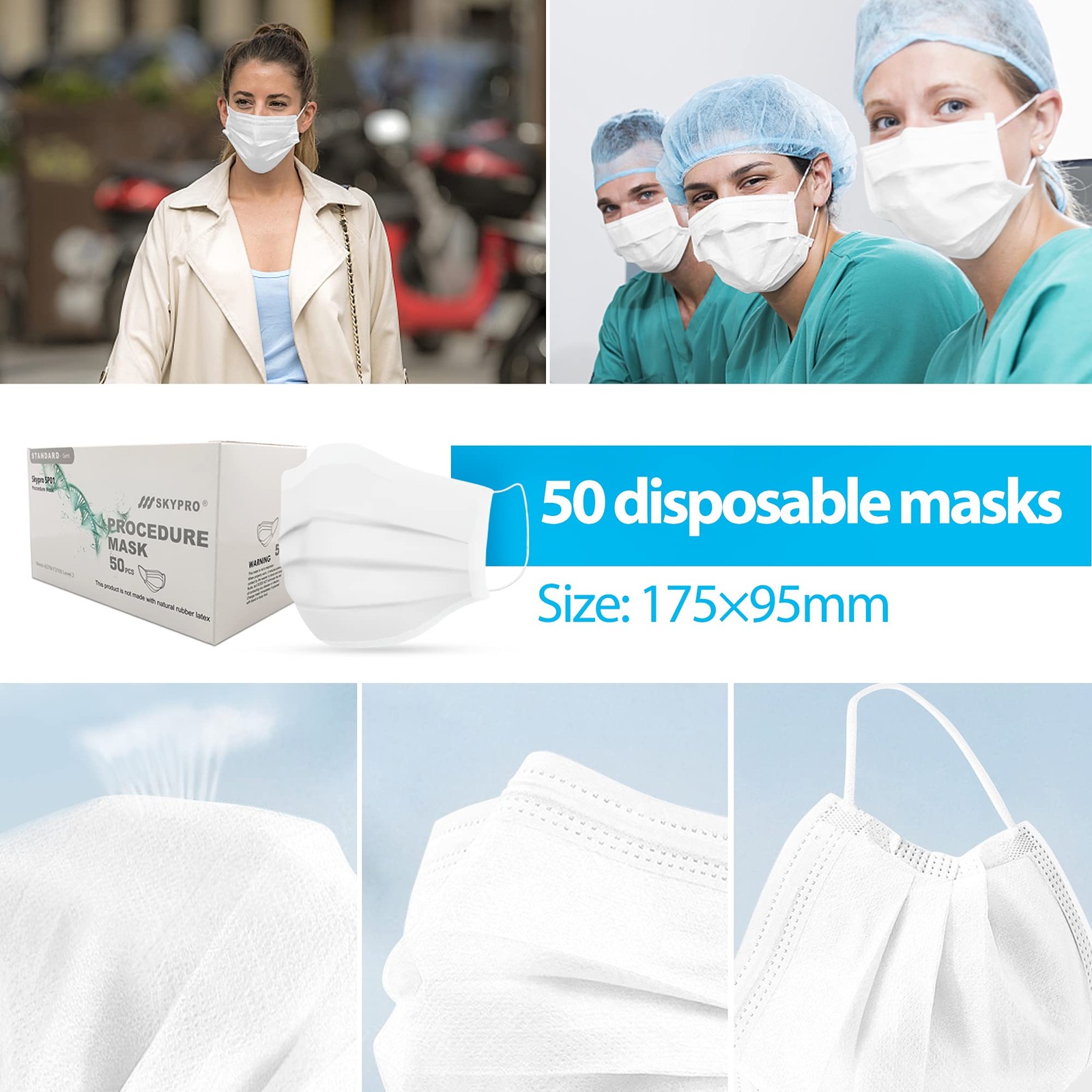 50PCS Medical Grade Procedure Masks, Adult 3 Ply Disposable Hypoallergenic Wh…