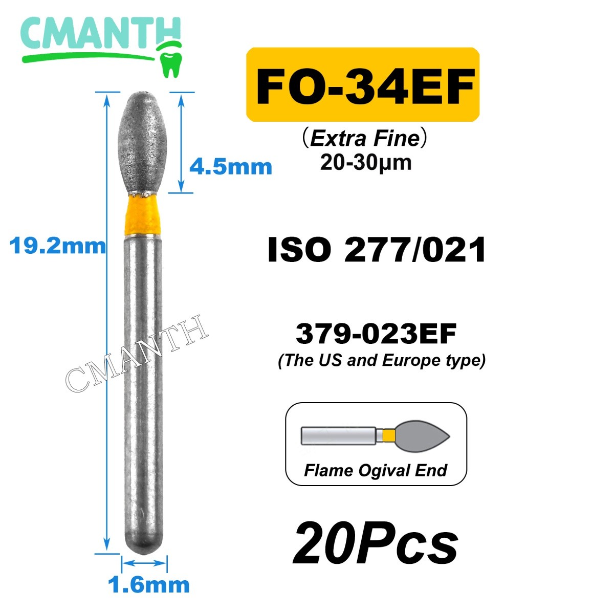 US Fine Dental Burs Diamond Burs High Speed Turbines Drills Tools 1.6mm 20pcs