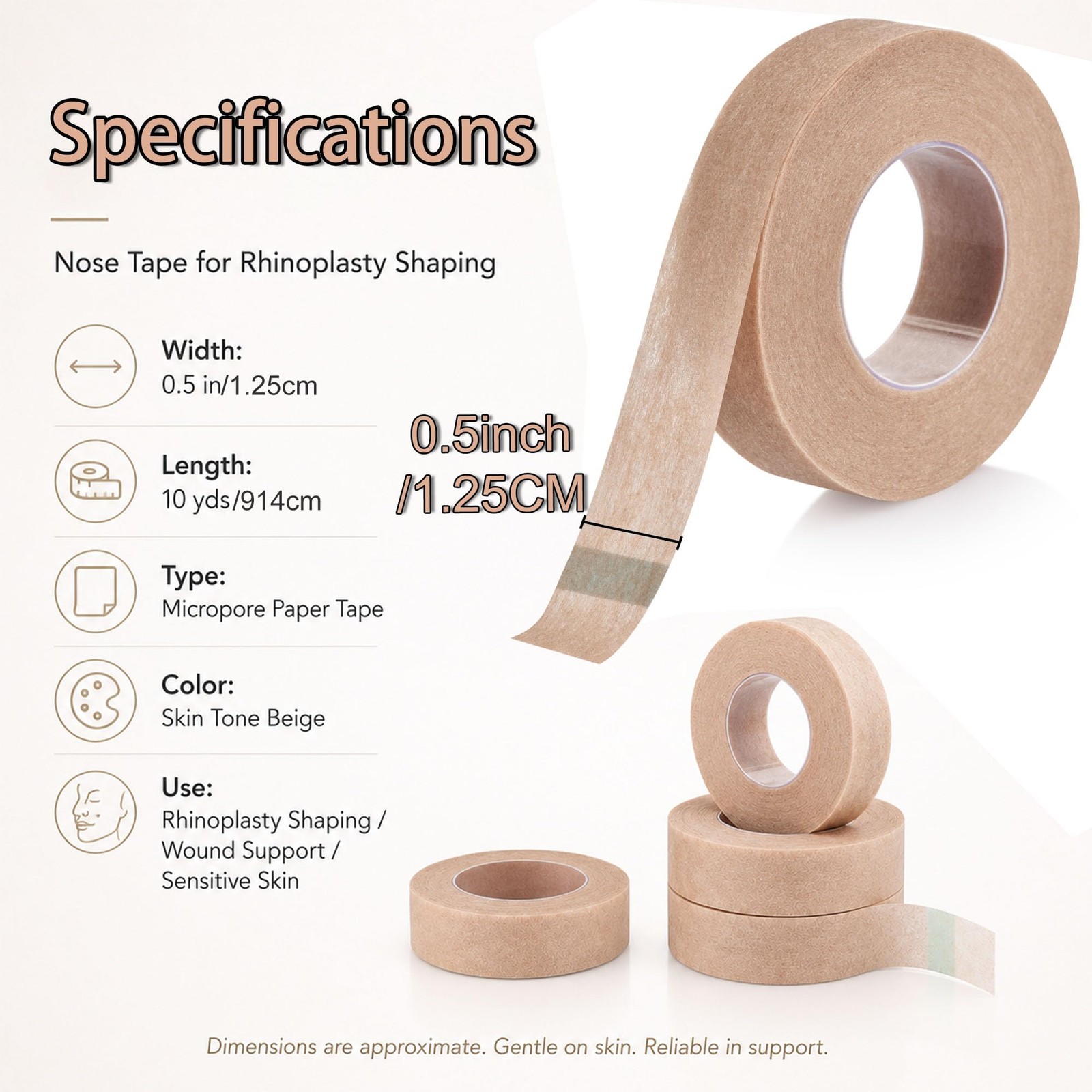 AHHALFFY 5 Rolls 1.25cm Nose Tape for Shaping Beige:0.5 Inch X 10 Yards