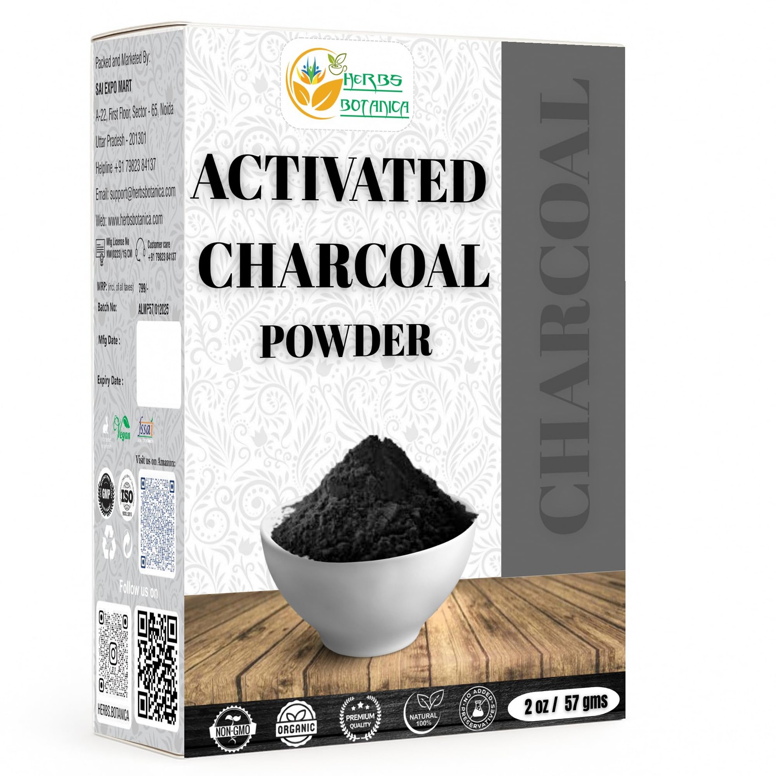 Herbs Botanica Activated Charcoal Powder 100% Food 2 Ounce (Pack of 1), Black