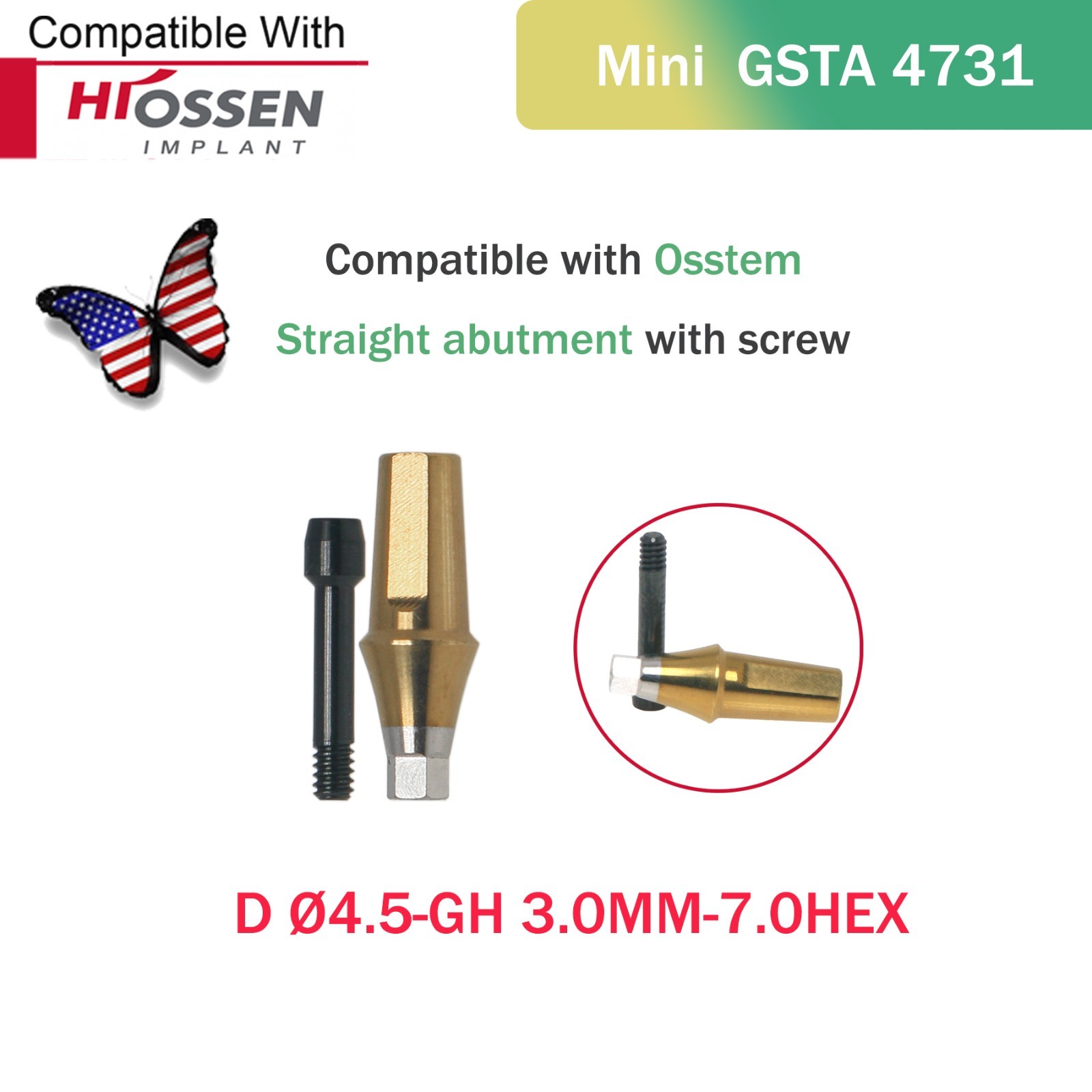 US Dental Mini/Regular Straight Transfer Hex Abutment – Fit Hiossen ET/Osstem TS