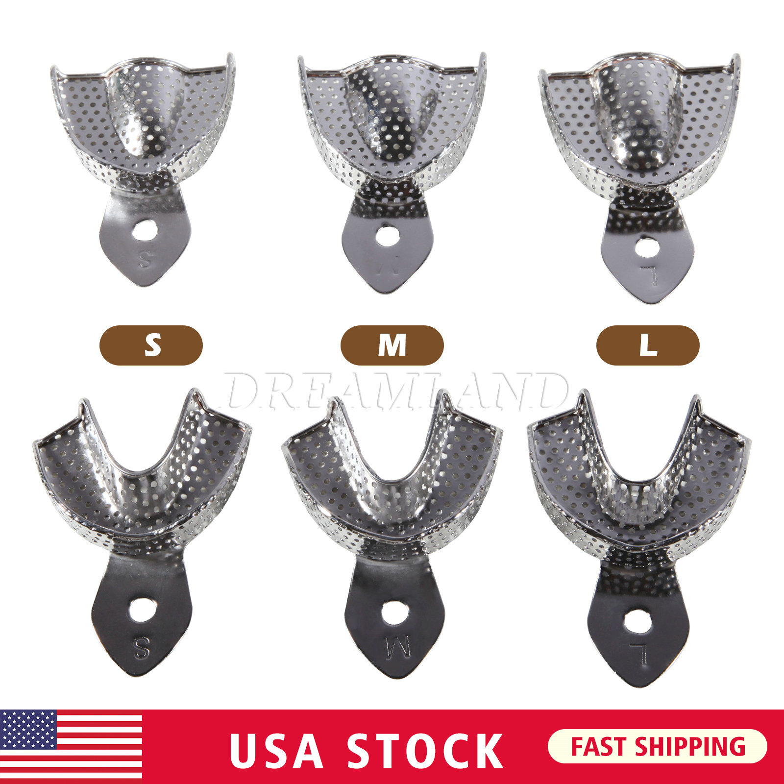 Dental Impression Trays Stainless Steel Perforated 6PC Upper+Lower S/M/L SKYSEA
