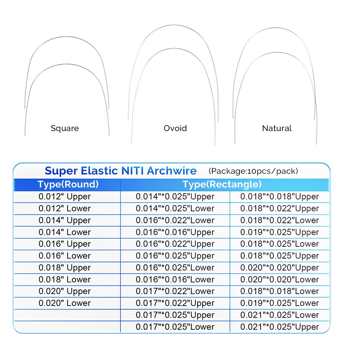 AZDENT Dental Ortho Super Elastic NiTi Archwire Rectangular Square/Ovoid/Natural