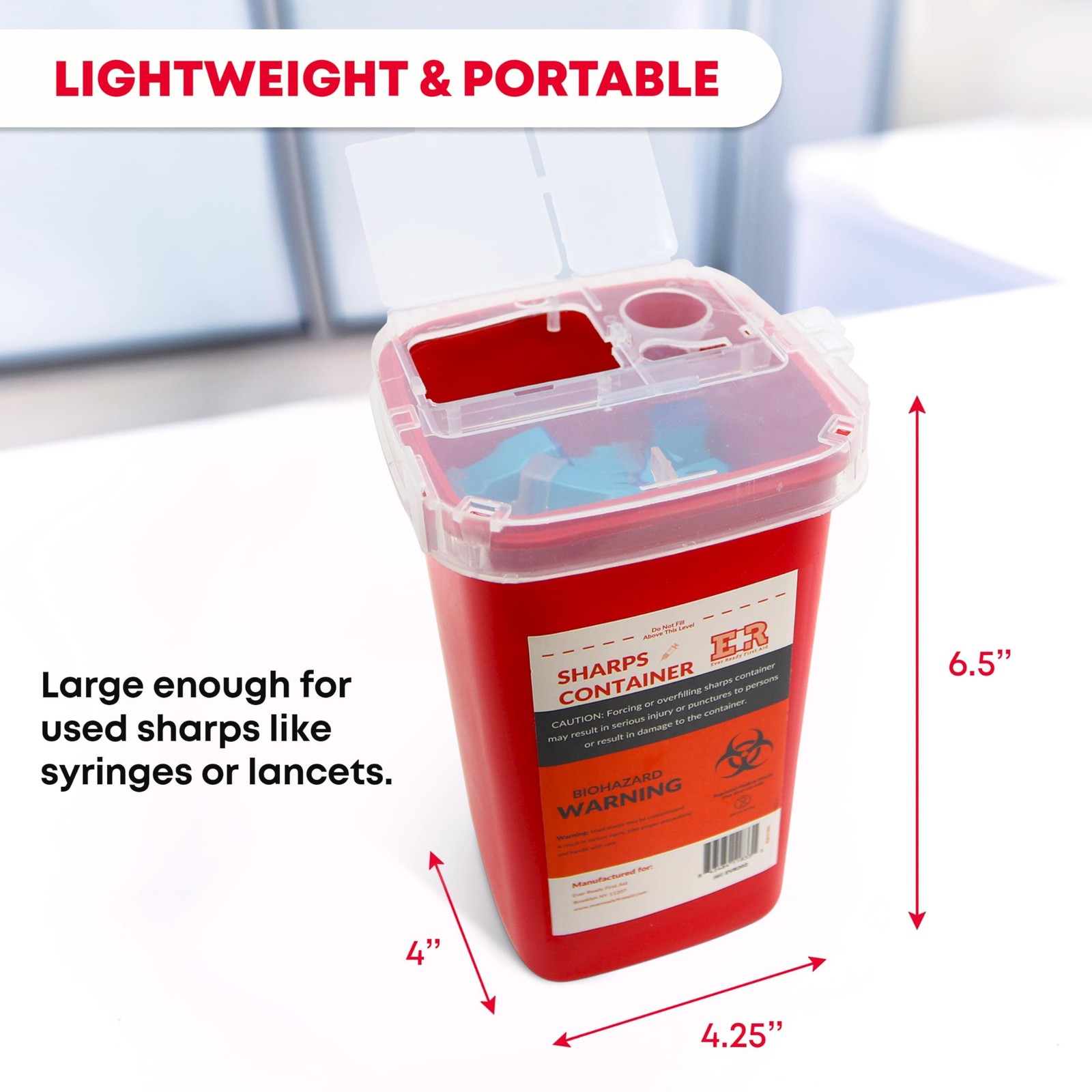 Ever Ready First Aid Sharps Container with Split Lid Design and 1-Count, Red