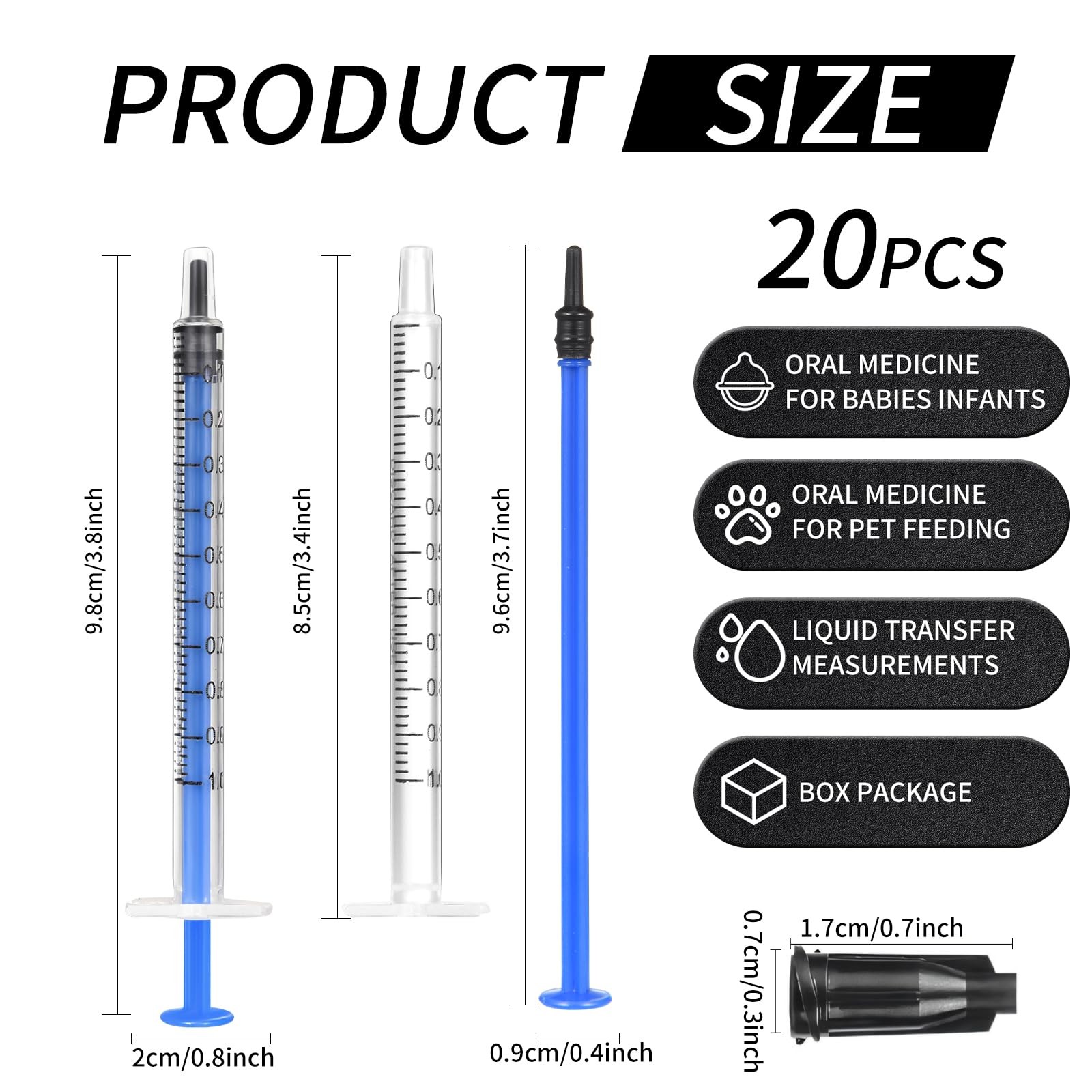 20 Pack 1ml Syringe with Cap for Liquid, 1cc Plastic Small Syringes with Cover