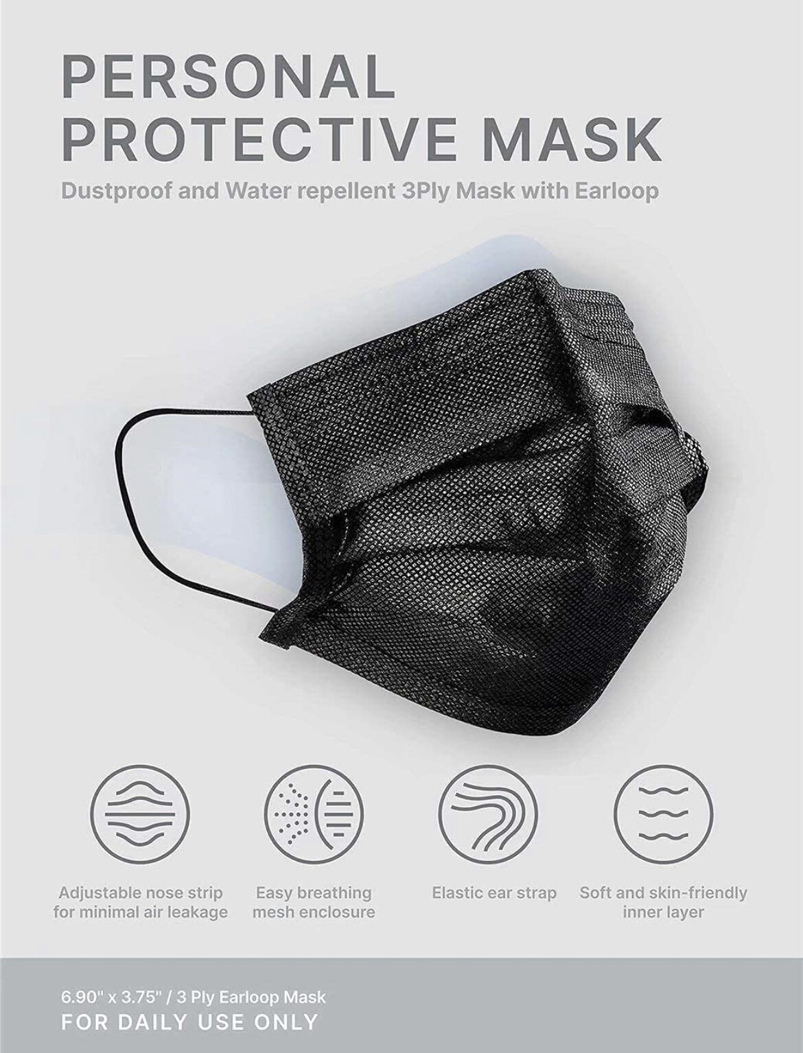 Kids Black Face Mask Disposable Child Size 3-Ply Mouth Nose Cover（50-PCS）