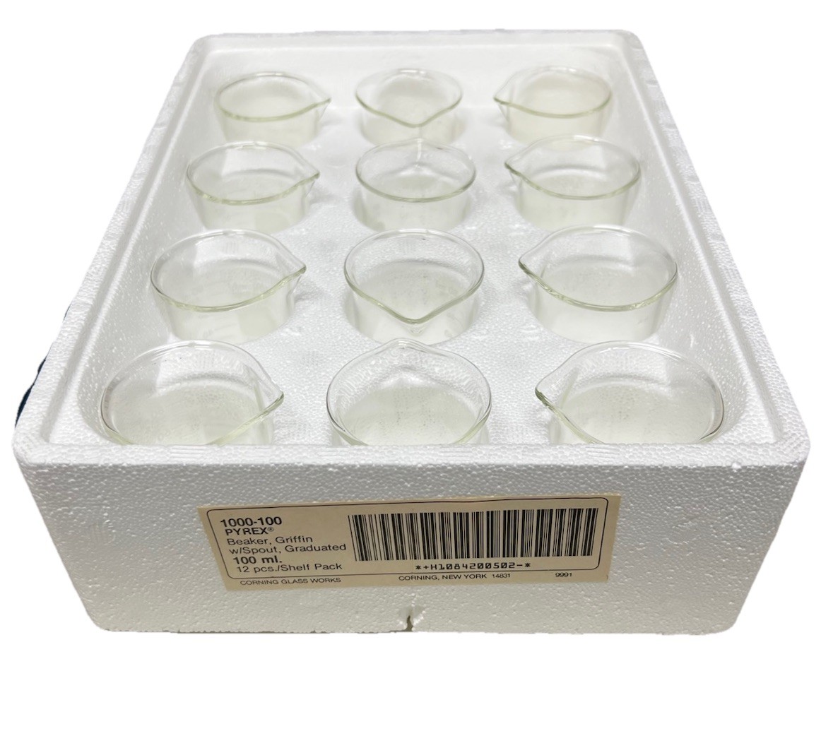 Corning PYREX 1000-100 100mL Glass Griffin Beaker w/ Spout 12-Pack Open Box