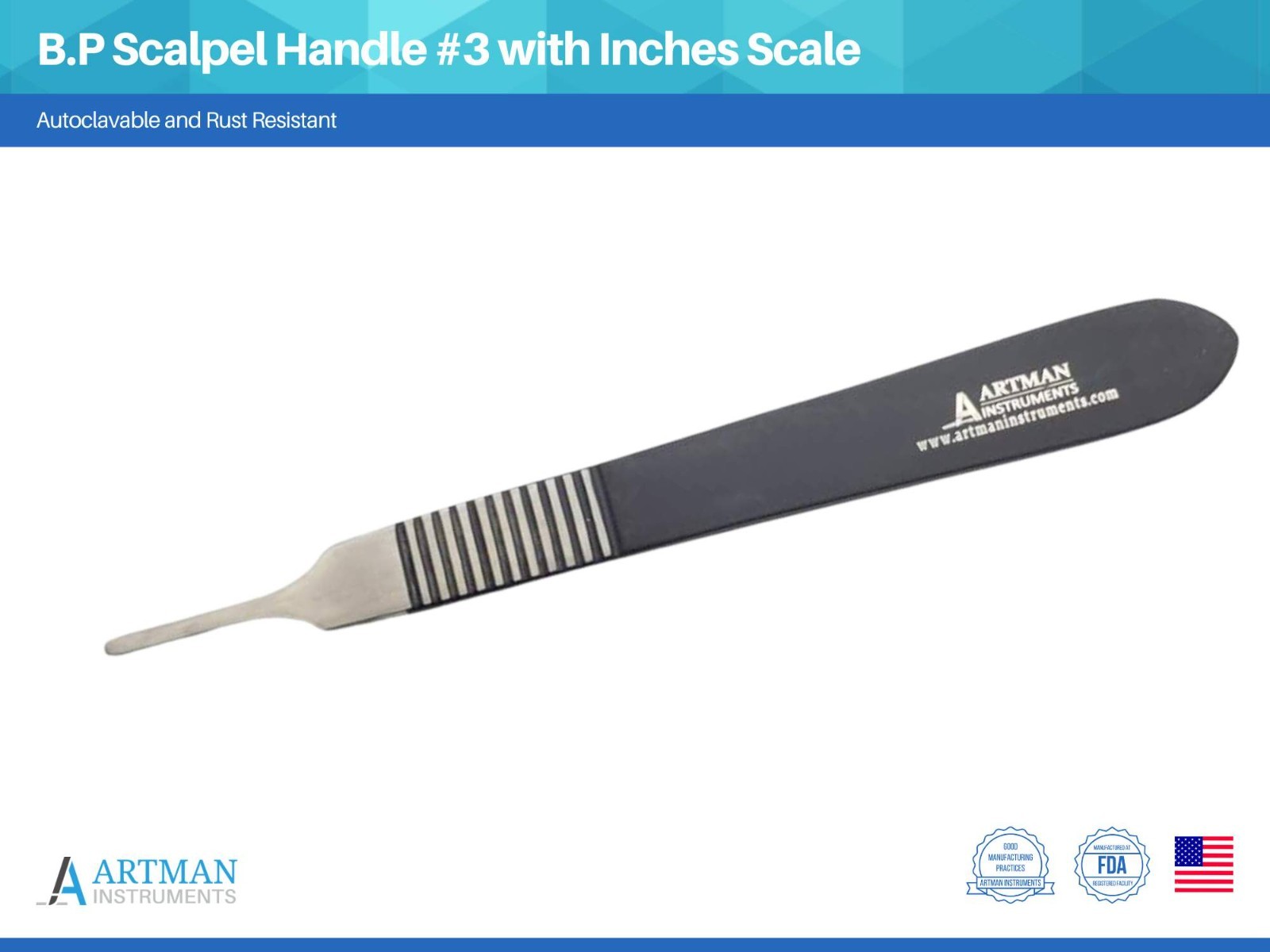 Artman Instruments Surgical Scalpel Handle #3 with Inches Scale Black Handle