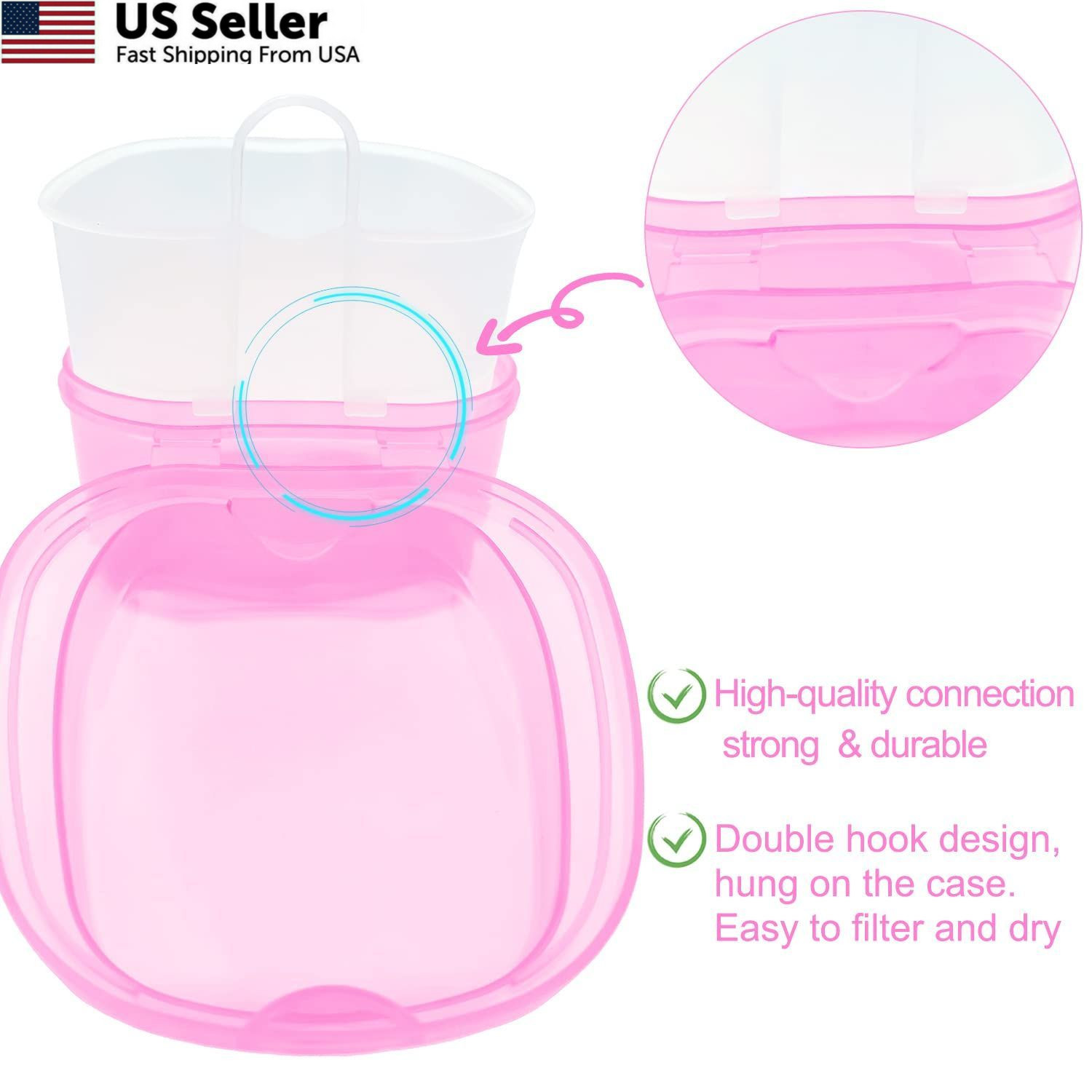 Denture Bath Case Soaking Cup with Brush, Holder Light Pink
