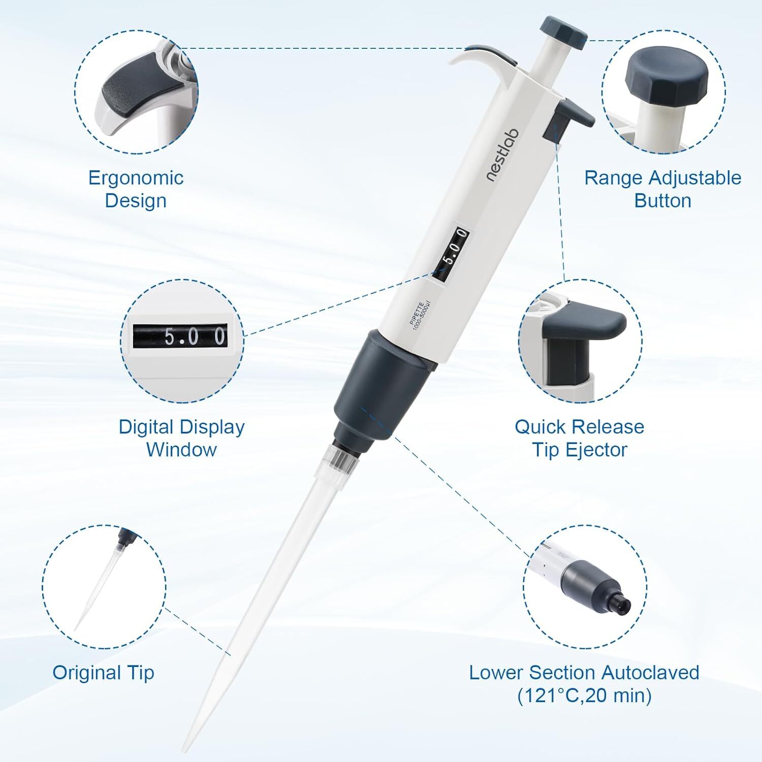 Autoclavable Single Channel Pipette Adjustable Volume Lab Micropipette Pipettors