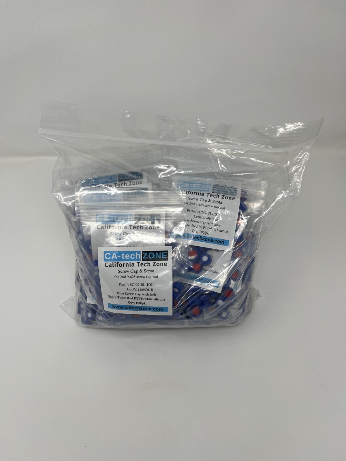 Red PTFE/white silicone septa & Blue screw cap with hole, for 2ml 9-425 vial